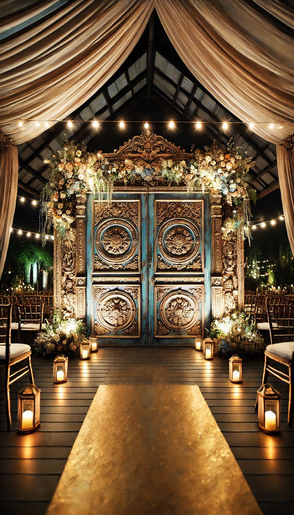 Create a beautiful ceremony setting with antique doors. A rustic wedding decor idea that’s both charming and timeless.