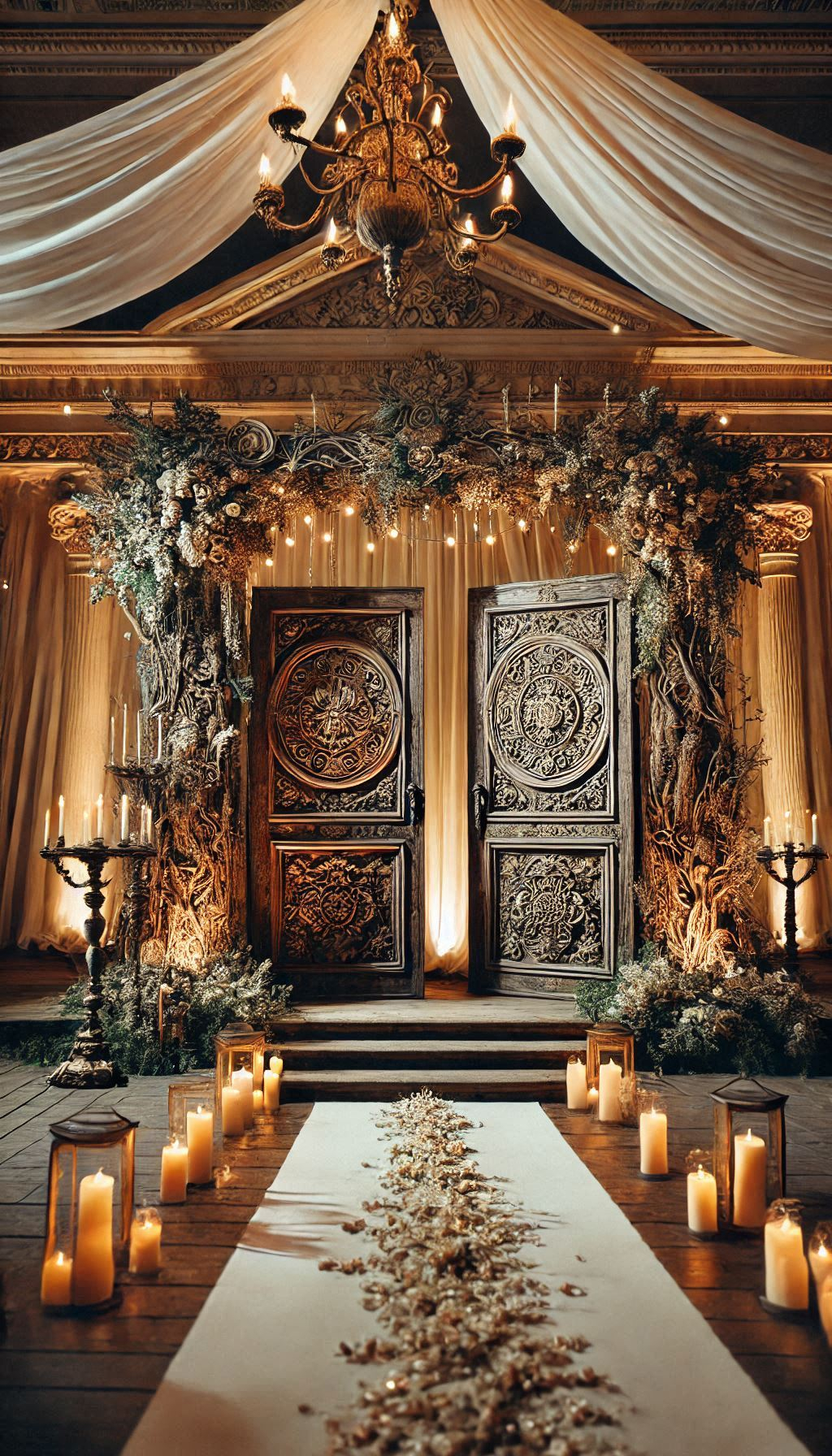 Antique doors add a touch of history and elegance to your ceremony. The perfect rustic wedding decor for a magical day.