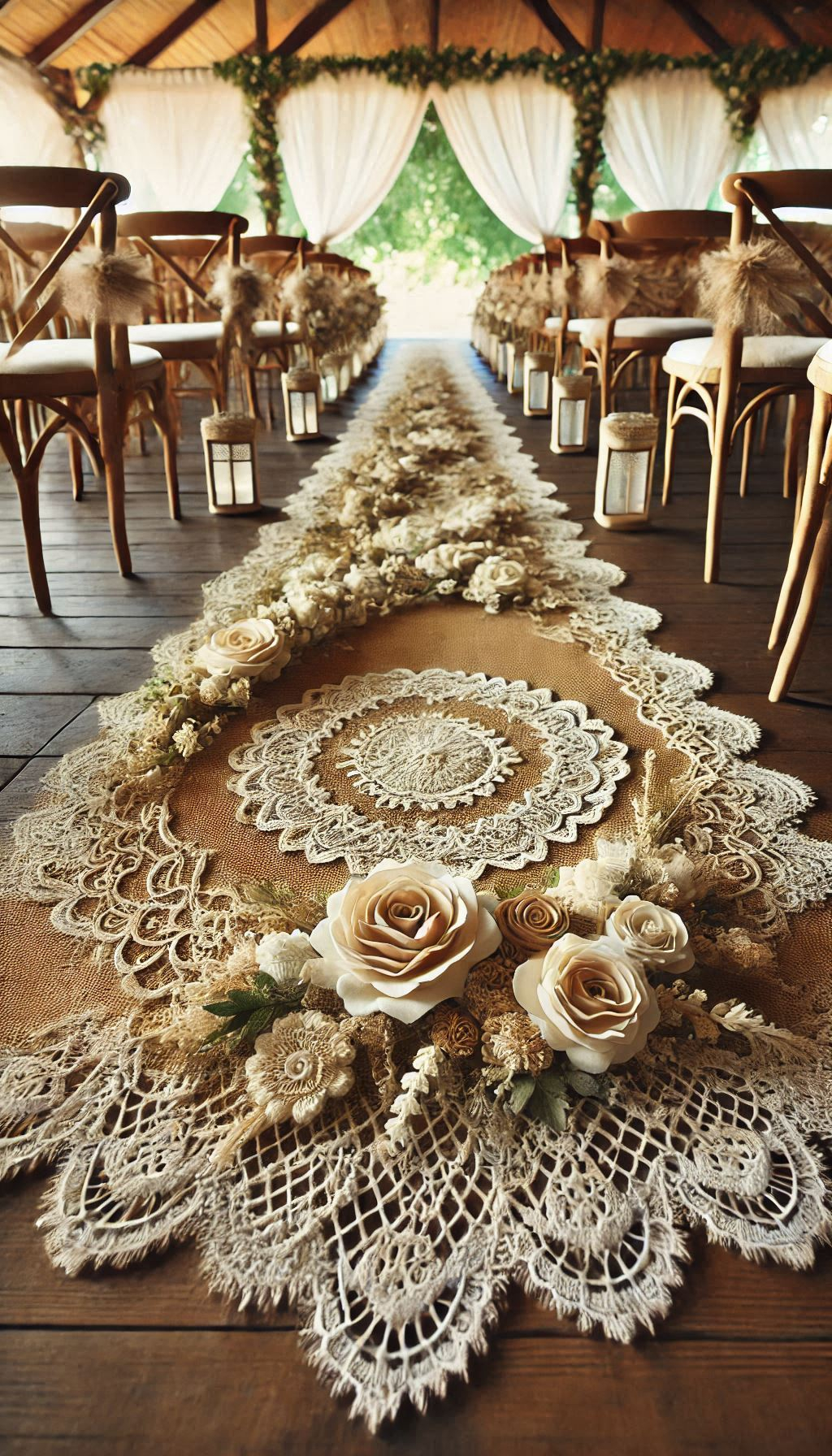 Add rustic charm to your wedding with burlap and lace aisle runners. The perfect blend of countryside elegance and vintage romance!
