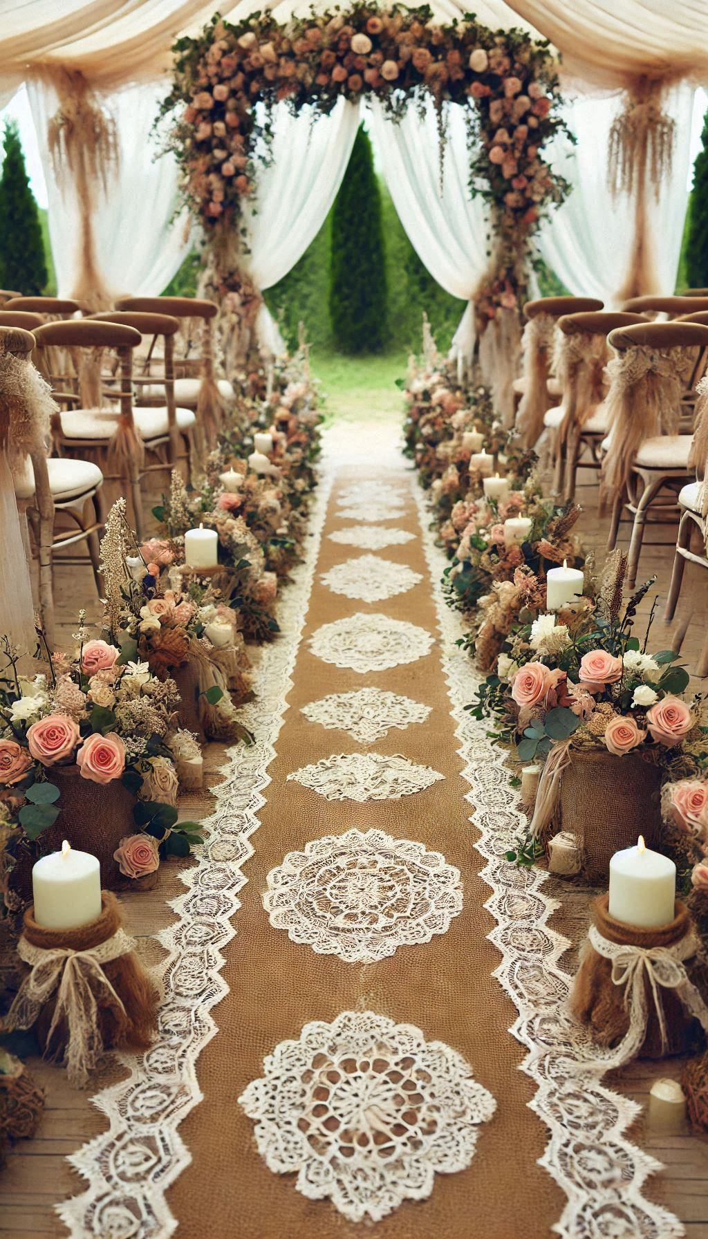Add a touch of rustic elegance to your wedding with burlap and lace aisle runners. A beautiful way to enhance your decor!