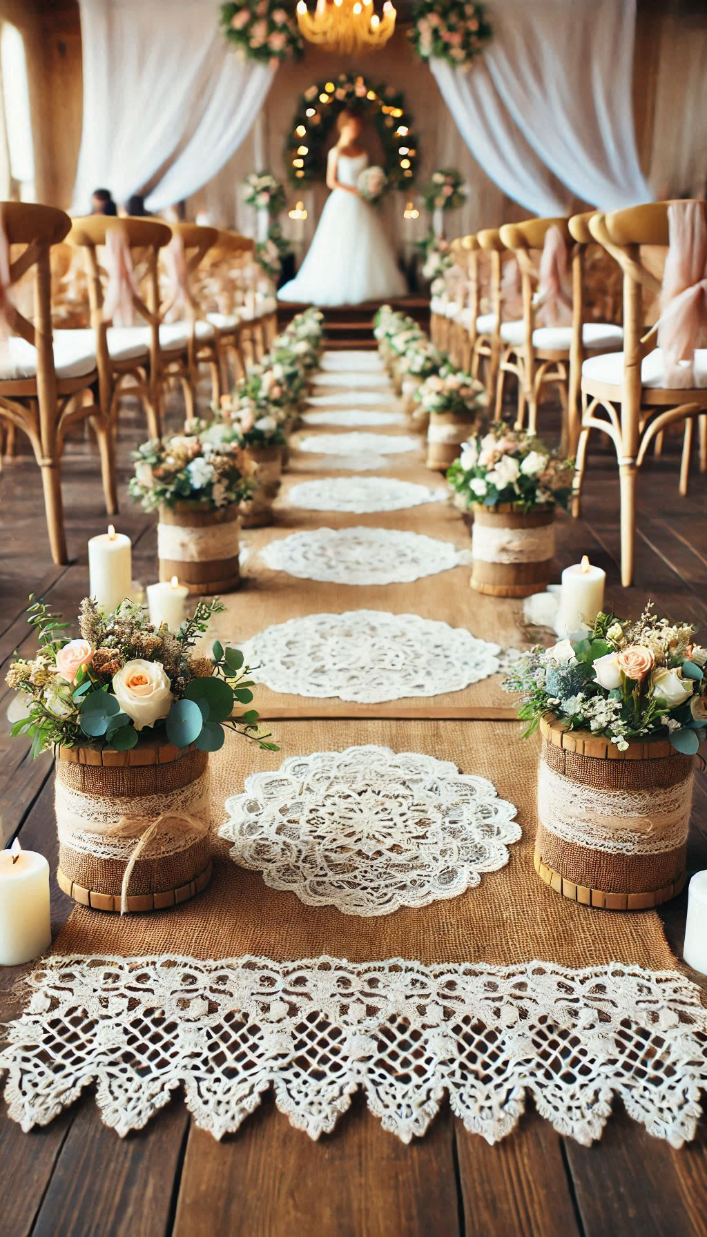 Walk down the aisle in style with burlap and lace runners. They’re the ultimate rustic touch for your wedding decor!