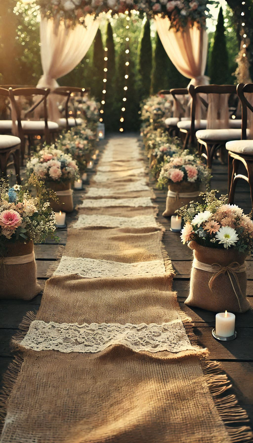 Burlap and lace aisle runners bring a touch of rustic elegance to your wedding. Simple, charming, and utterly romantic!
