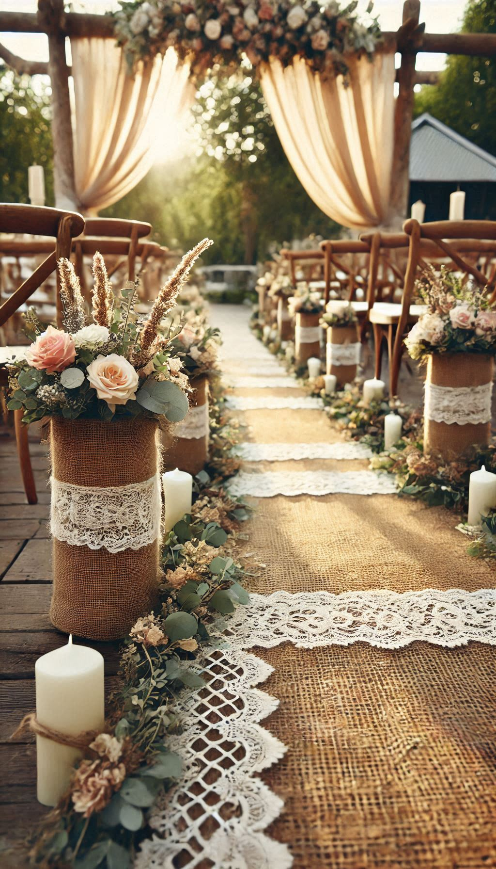 Enhance your rustic wedding decor with burlap and lace aisle runners. A charming combination that’s sure to impress your guests.