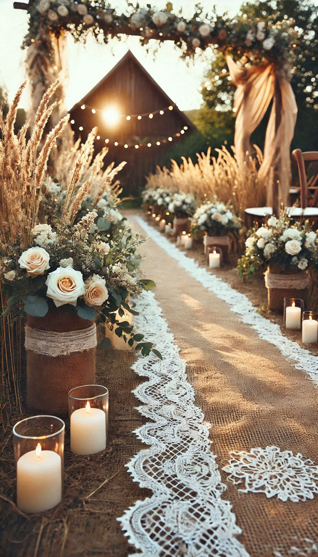 Say 'I do' on a beautiful burlap and lace aisle runner. Rustic charm meets vintage elegance for your big day.