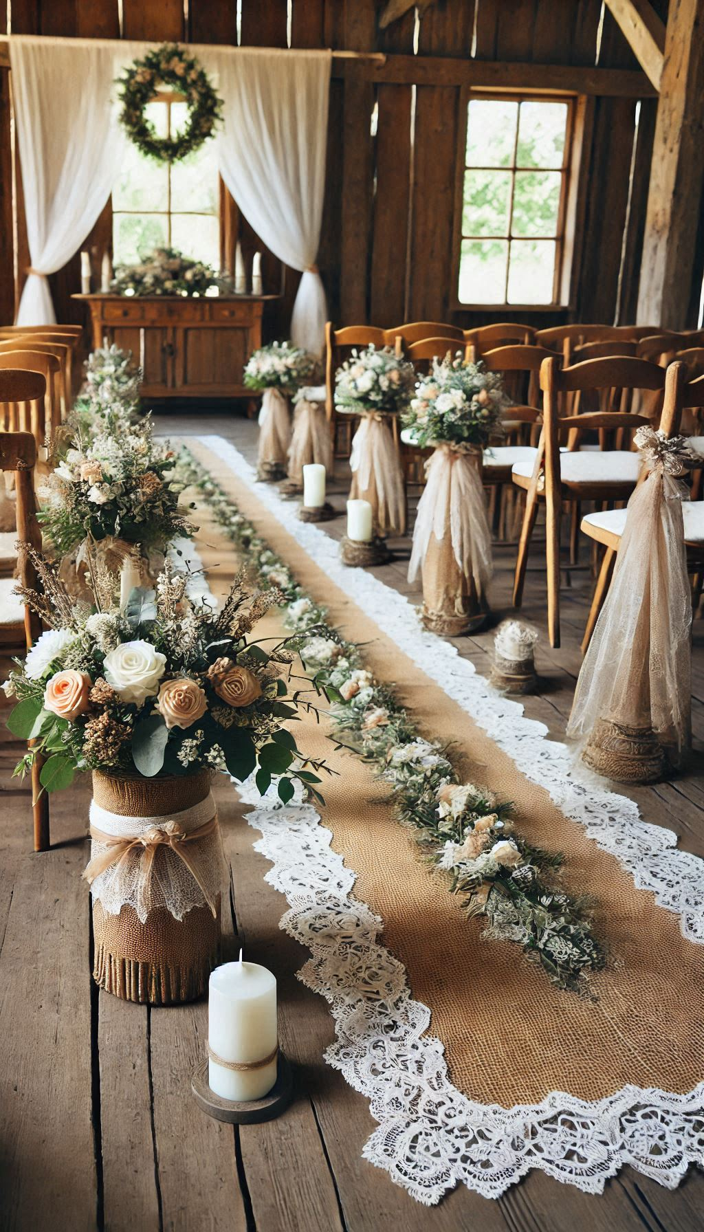Burlap and lace aisle runners are a perfect addition to any rustic wedding. They add a touch of elegance and country charm.