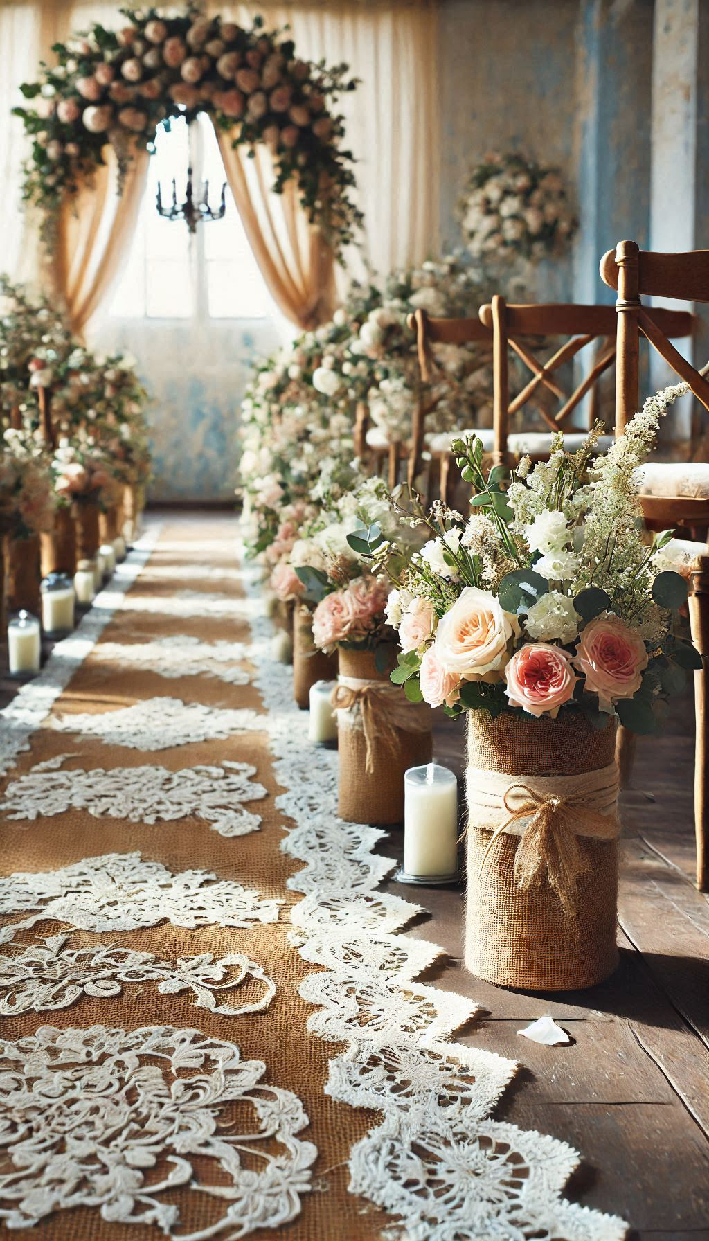 Transform your wedding aisle with burlap and lace runners. A rustic decor idea that’s as beautiful as it is unique!