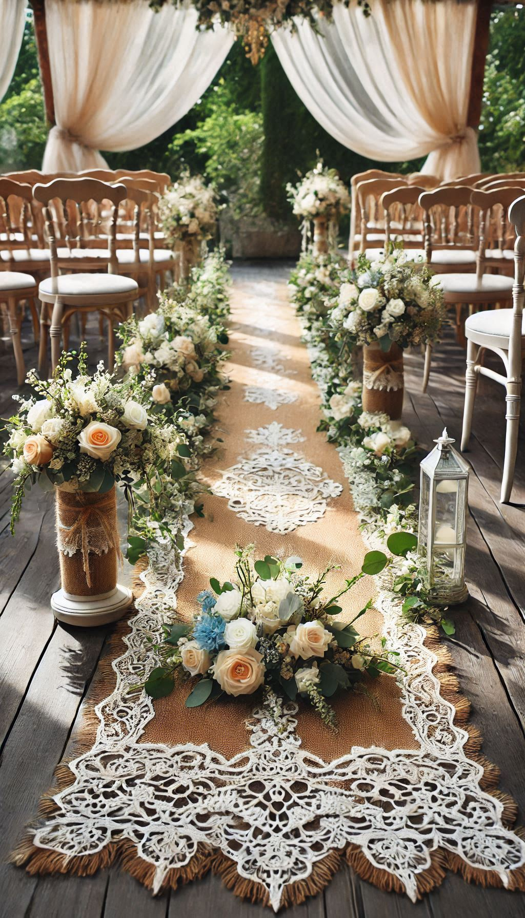 Give your wedding aisle a rustic makeover with burlap and lace runners. Elegant, charming, and perfect for a countryside celebration.