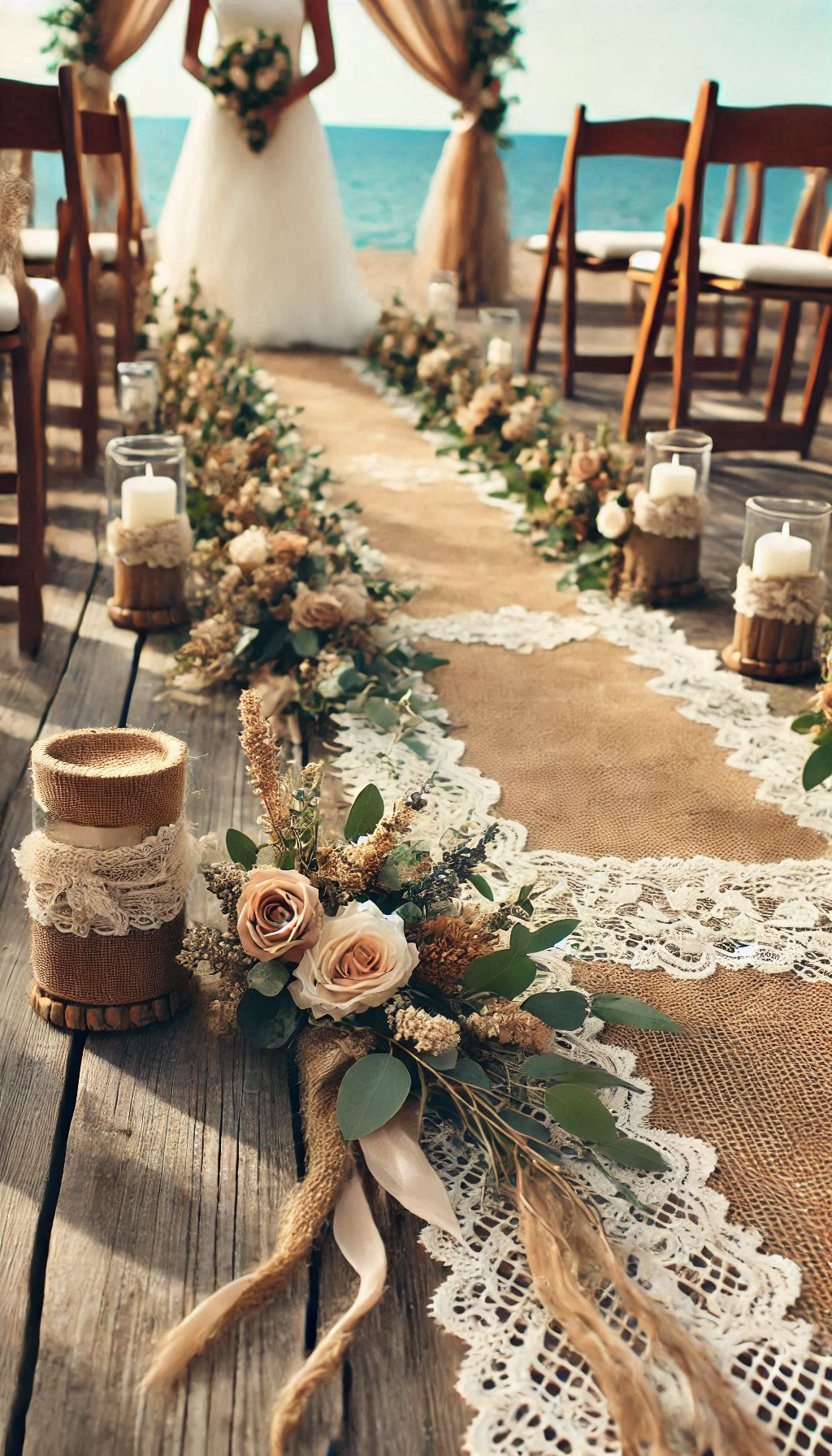 Burlap and lace aisle runners create a picturesque path for your walk down the aisle. Rustic beauty at its best!