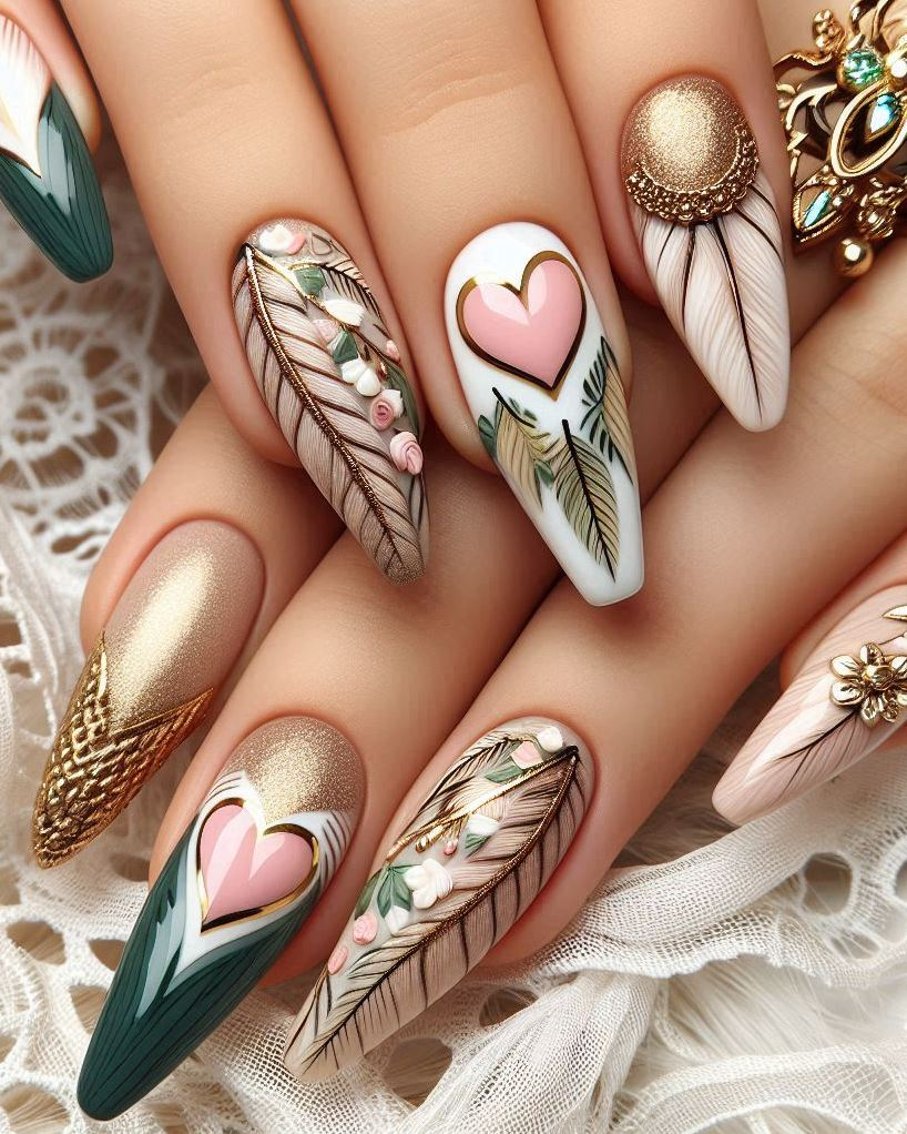 Fly high with this Feather Themed Green, White, and Gold heart nail art. Perfect for those who love a chic and whimsical look!