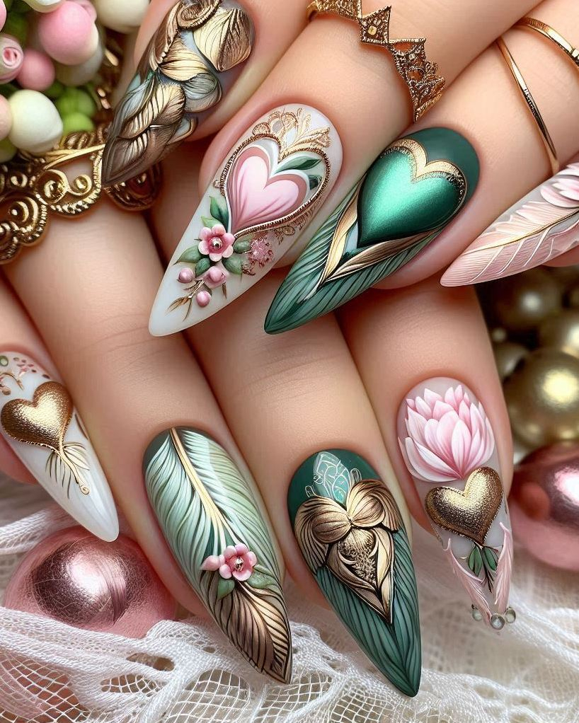 Fly into fashion with this Feather Themed Green, White, and Gold heart nail art. A chic and sophisticated design that’s sure to impress!