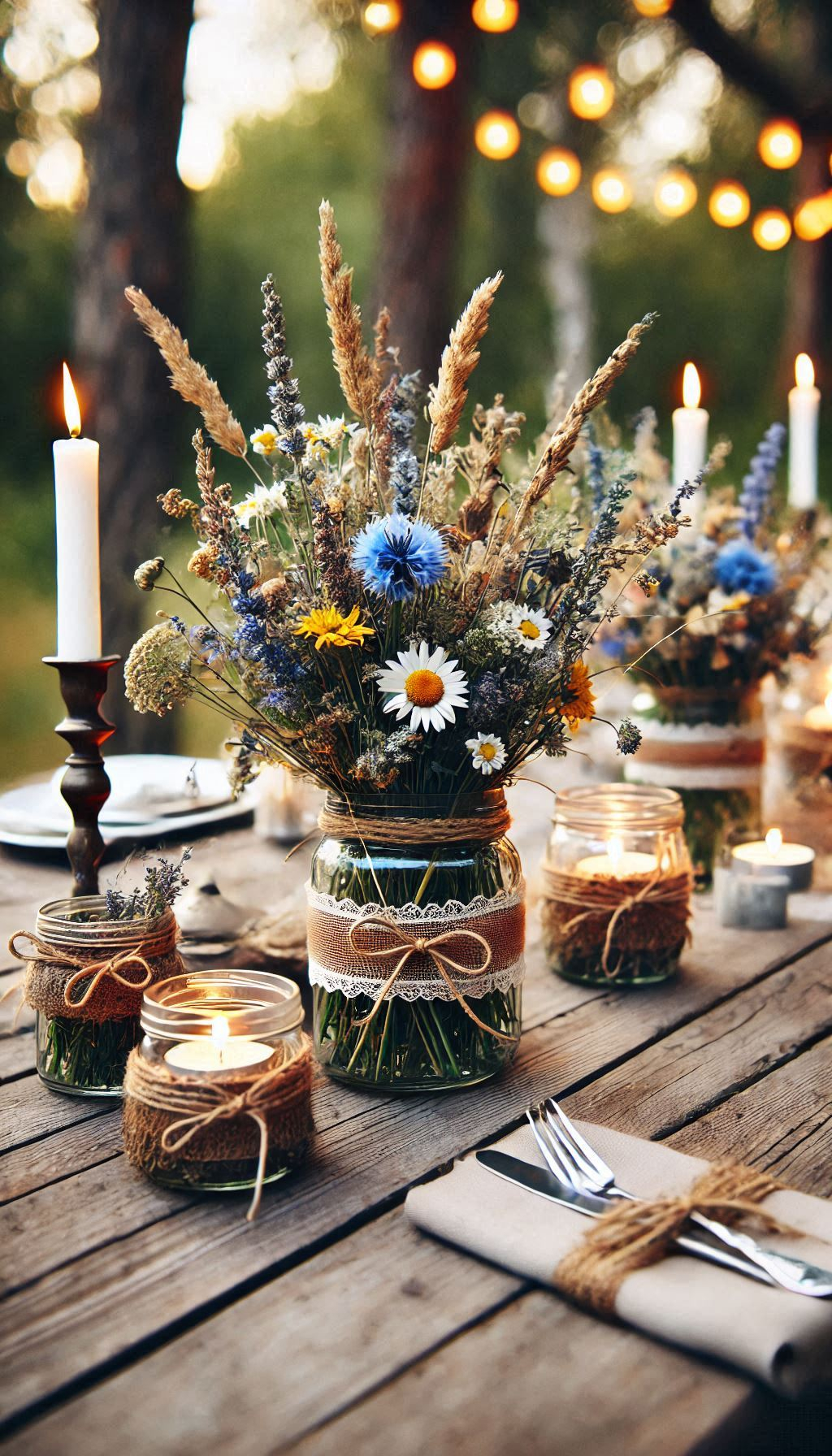 Bring the countryside to your table with mason jar centerpieces filled with wildflowers. Simple, charming, and perfect for rustic elegance!
