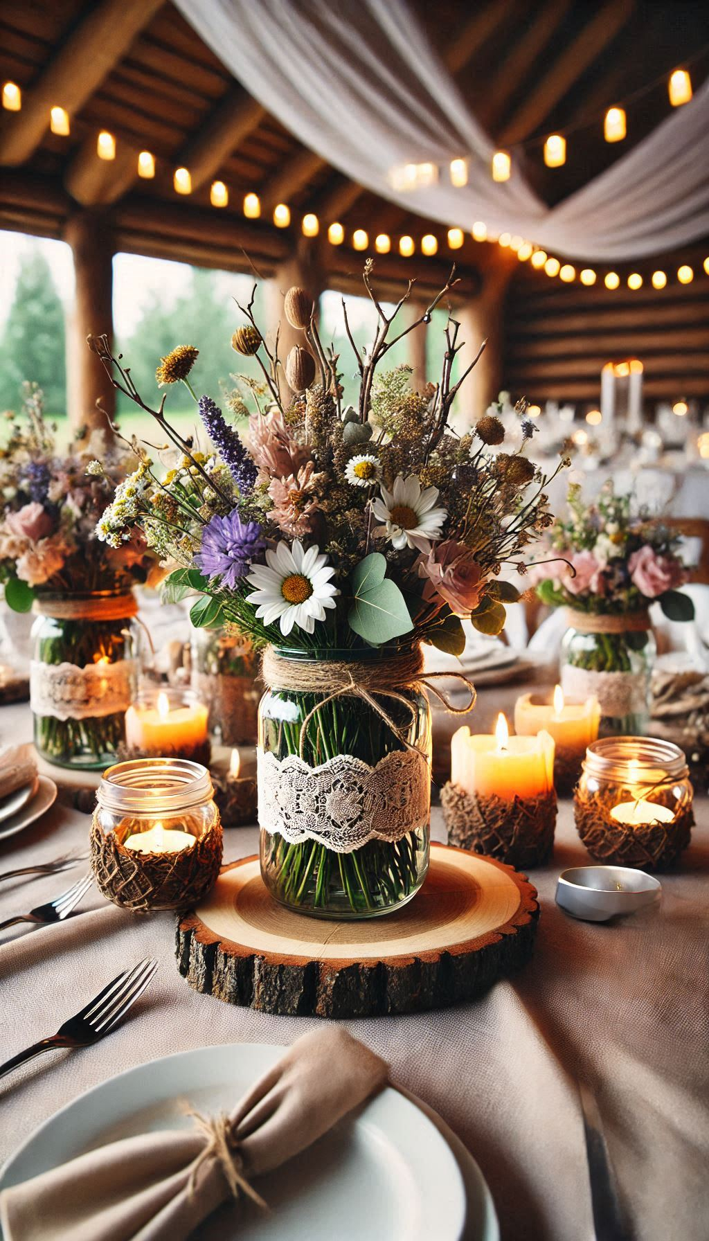 Rustic Wedding Decor: Mason jar centerpieces with wildflowers add a delightful touch of nature to your rustic wedding decor. Fresh, vibrant, and oh-so-charming!