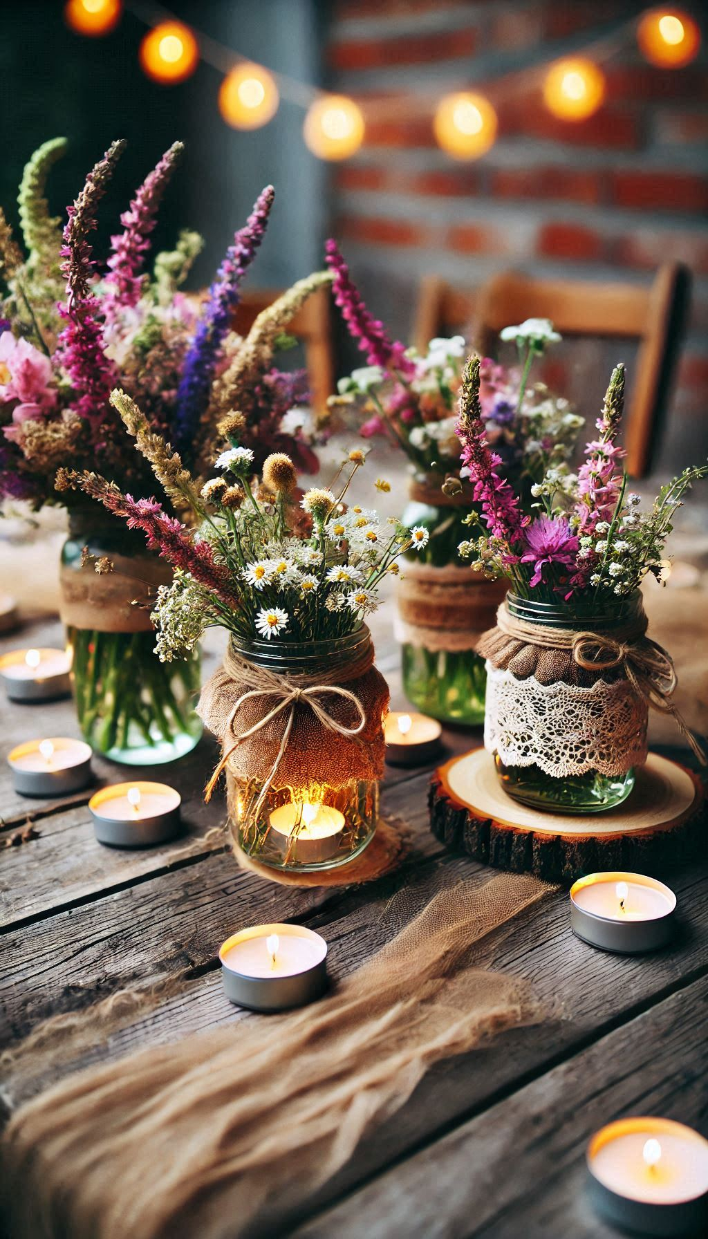 Light up your rustic wedding with mason jar centerpieces holding flickering candles. A cozy, romantic ambiance that guests will love!