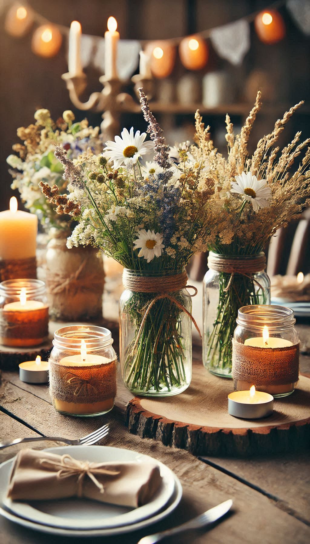 Transform your tables with mason jar centerpieces featuring wildflowers. Rustic charm meets floral beauty in this perfect combination!