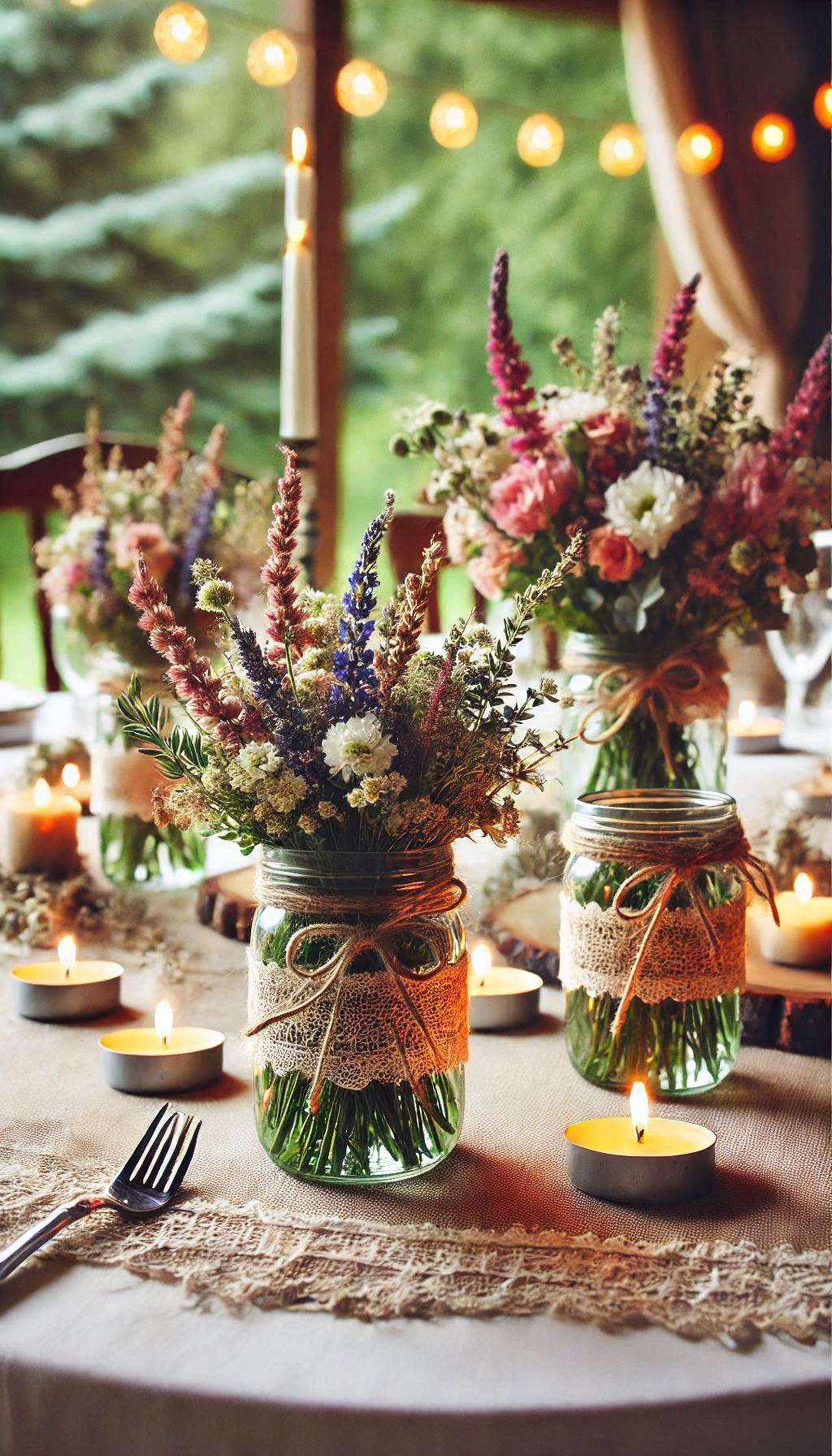 Create a magical atmosphere with mason jar centerpieces filled with candles. Rustic decor that’s both elegant and inviting!