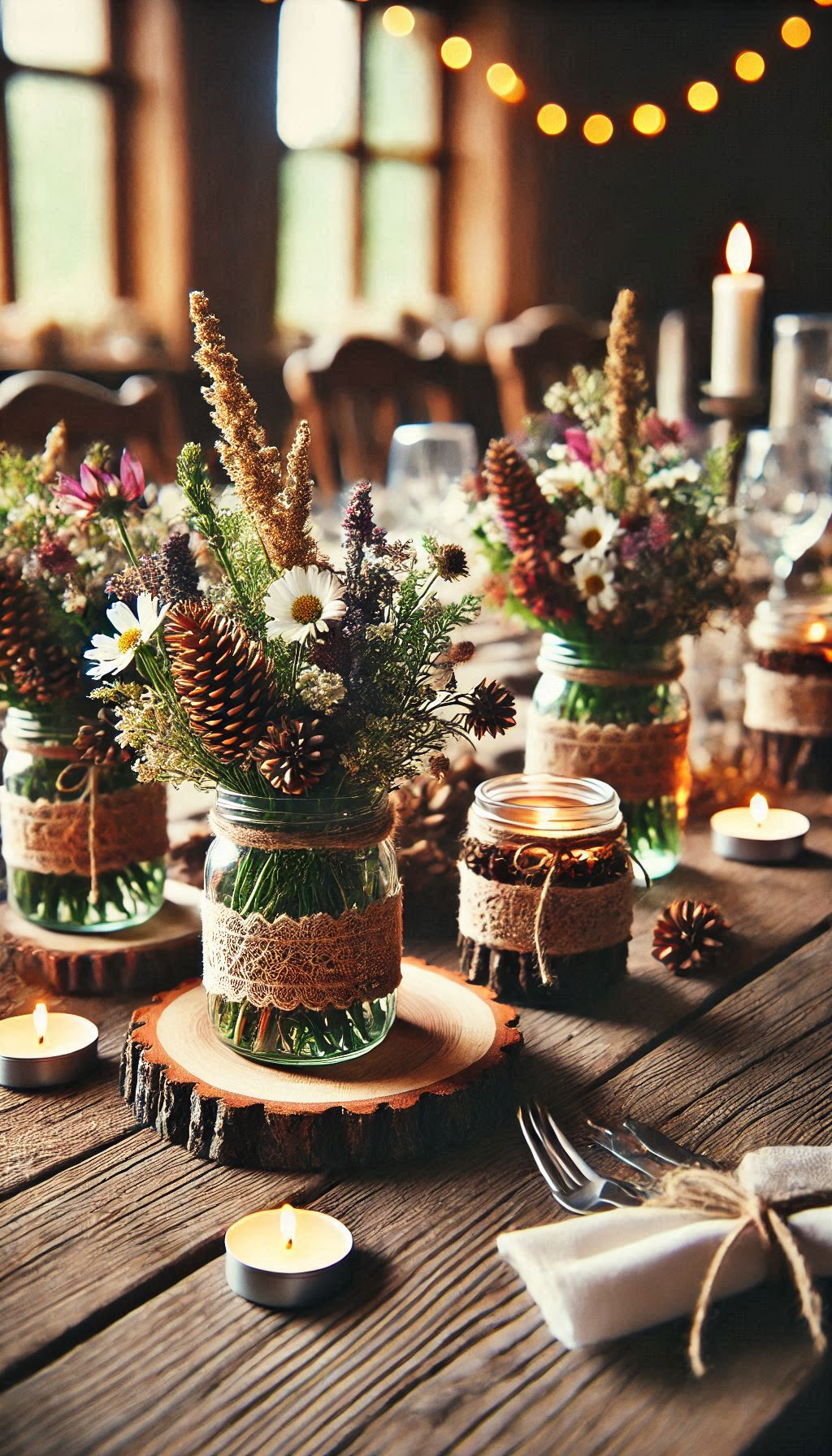 Mason jar centerpieces with wildflowers bring a pop of color and natural beauty to your rustic wedding. Simple and stunning!
