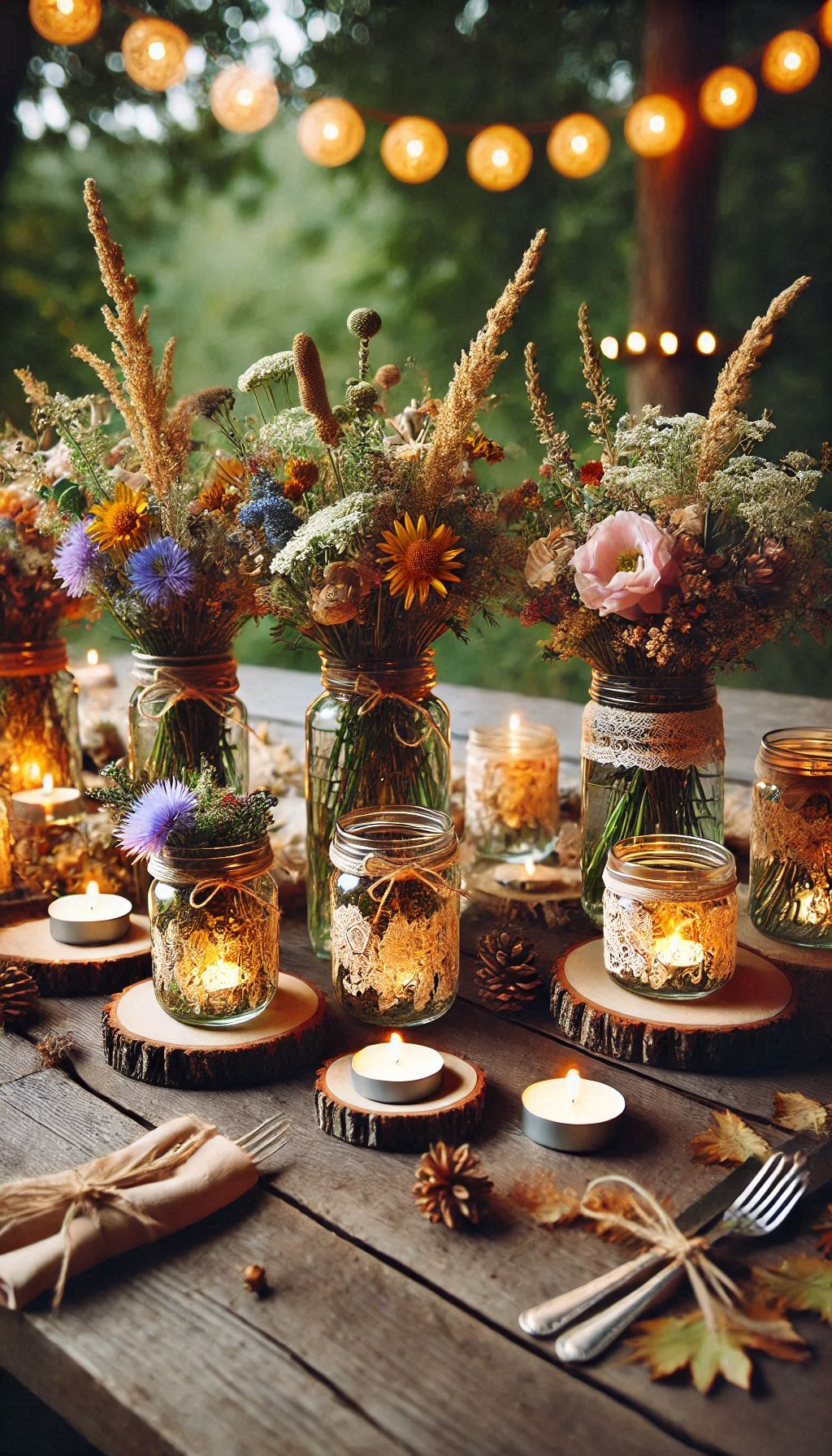 Add a warm glow to your rustic wedding with mason jar centerpieces filled with candles. A charming touch that’s sure to impress!