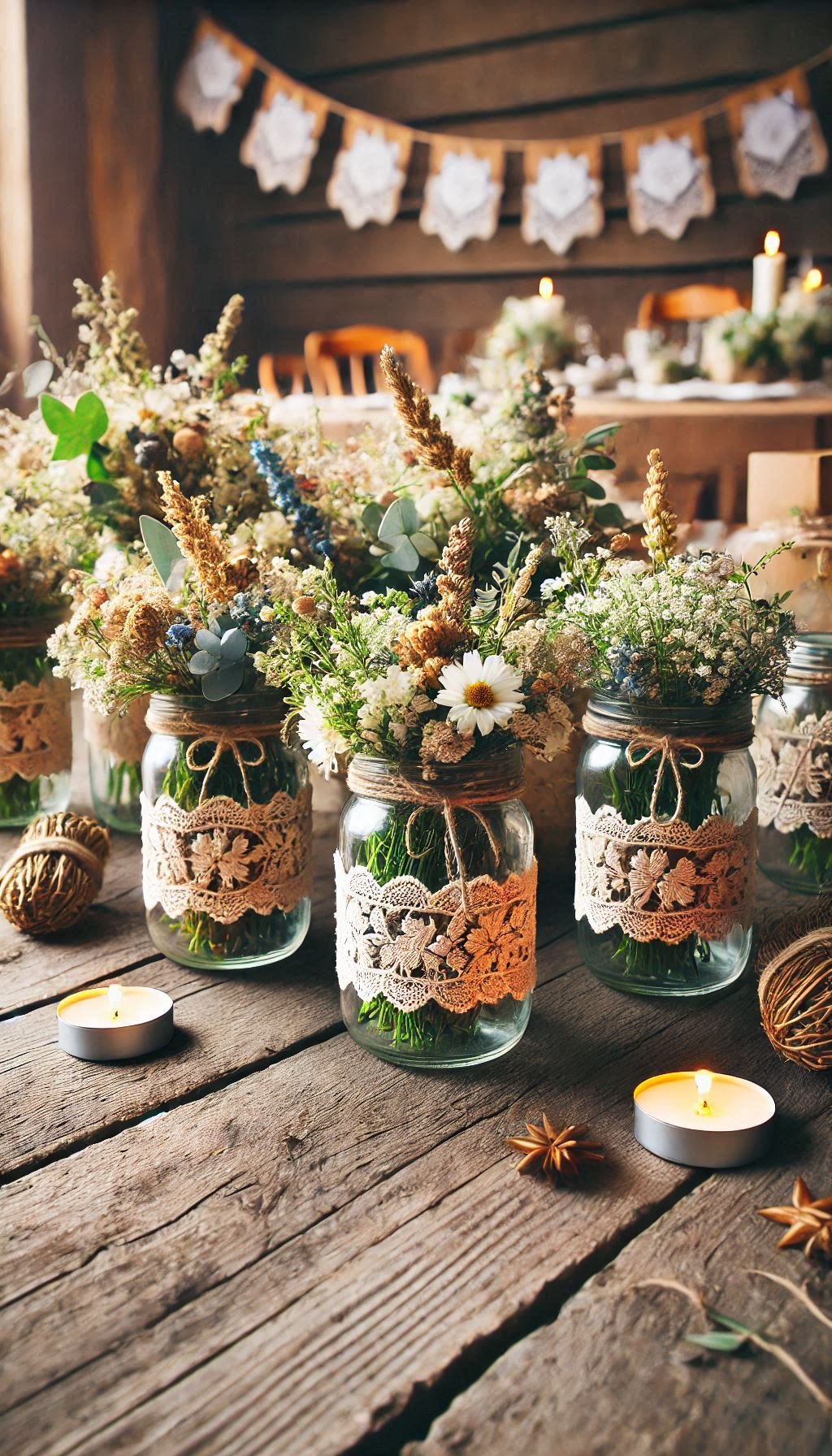 Elevate your wedding decor with mason jar centerpieces featuring wildflowers. A rustic touch that’s as beautiful as it is unique!