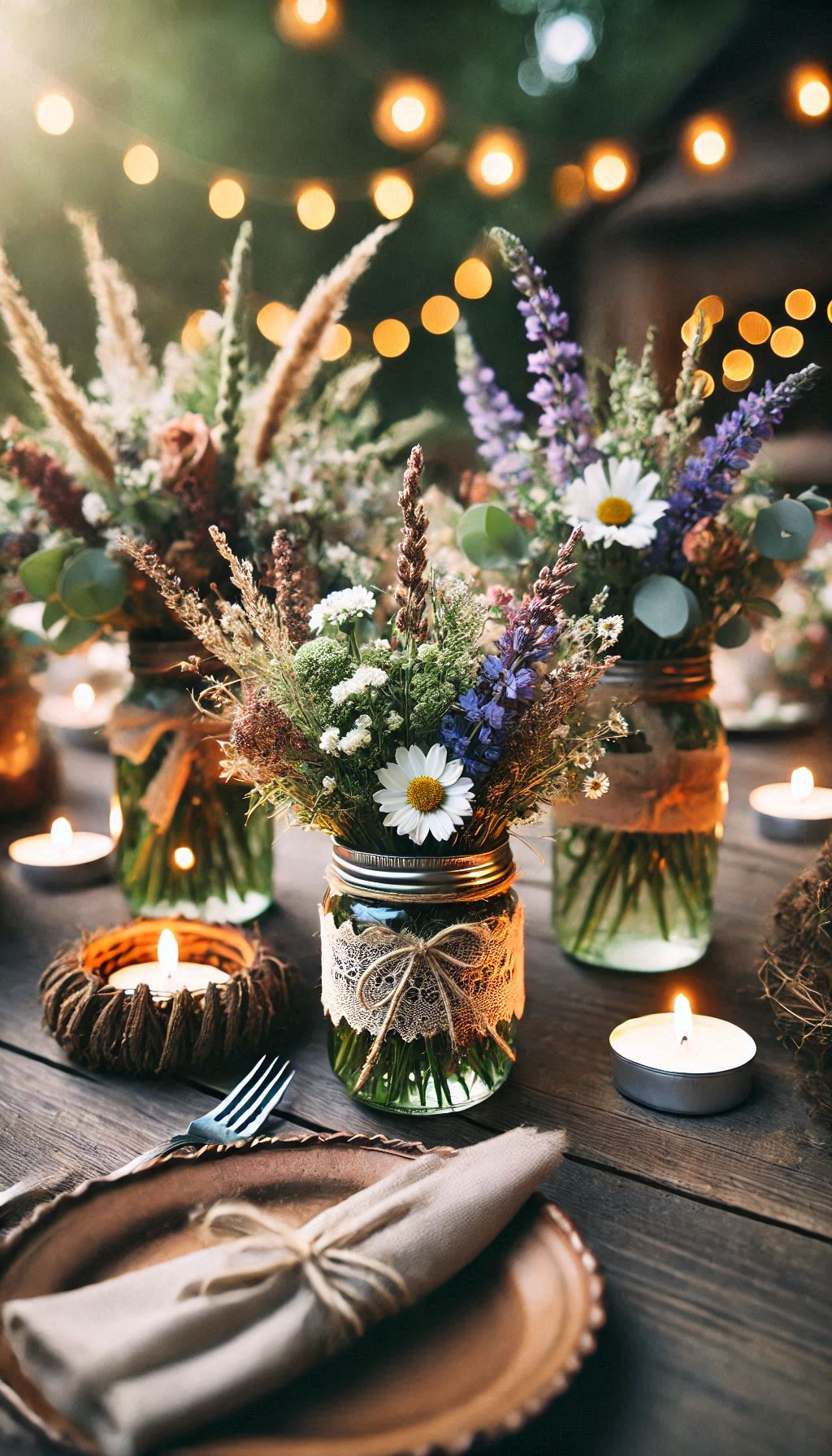 Rustic Wedding Decor: Mason jar centerpieces with wildflowers or candles are the perfect addition to any rustic wedding. Elegant, charming, and full of character!