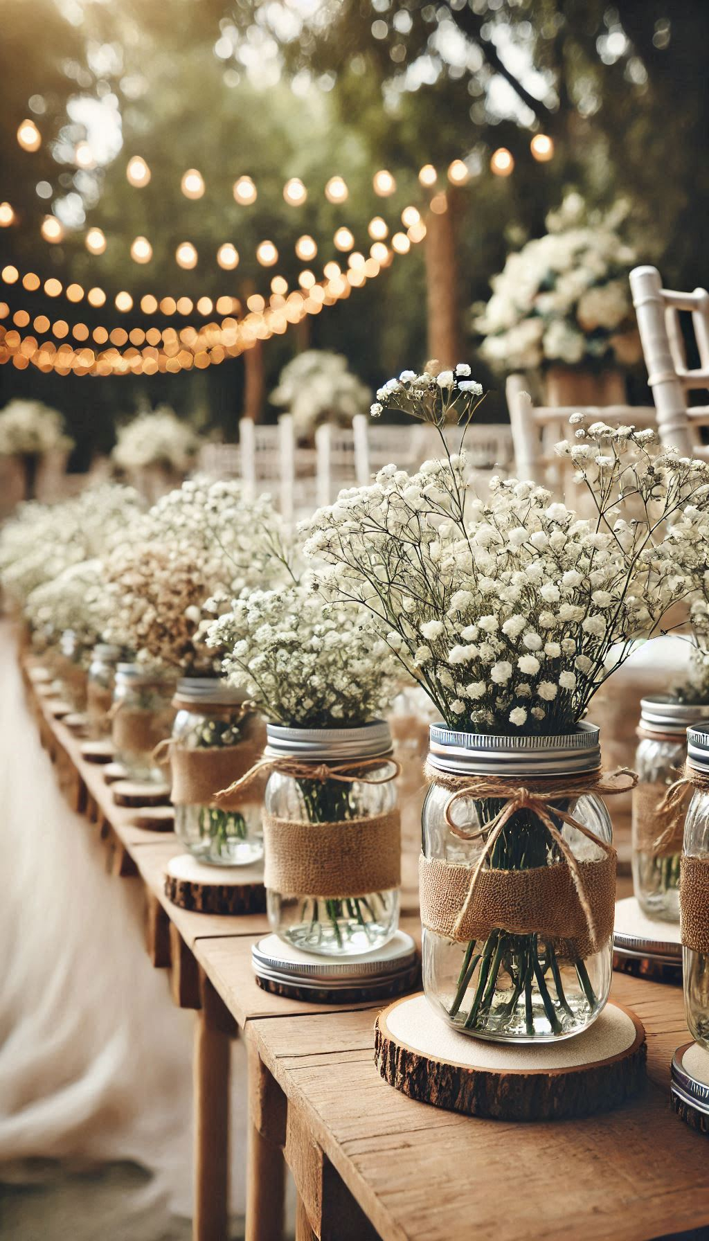 Mason jars of baby's breath lining the aisle add a touch of magic to your rustic wedding. Simple, elegant, and unforgettable.