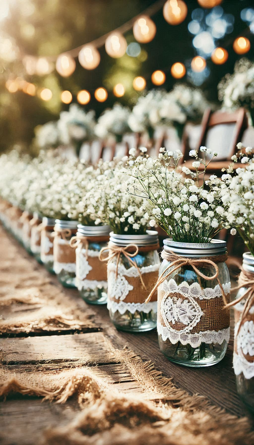 Rustic Wedding Decor: Make your walk down the aisle magical with mason jars filled with baby's breath. A rustic decor idea that's truly charming.