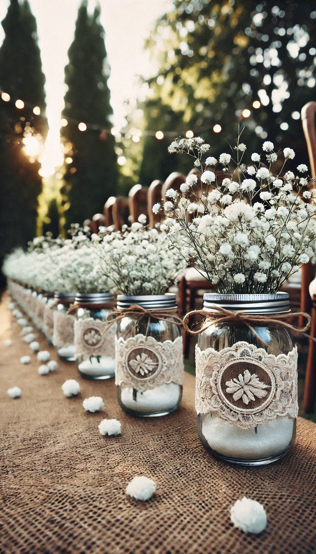 Enhance your rustic wedding decor with mason jars of baby's breath lining the aisle. It's a beautiful way to celebrate your love!