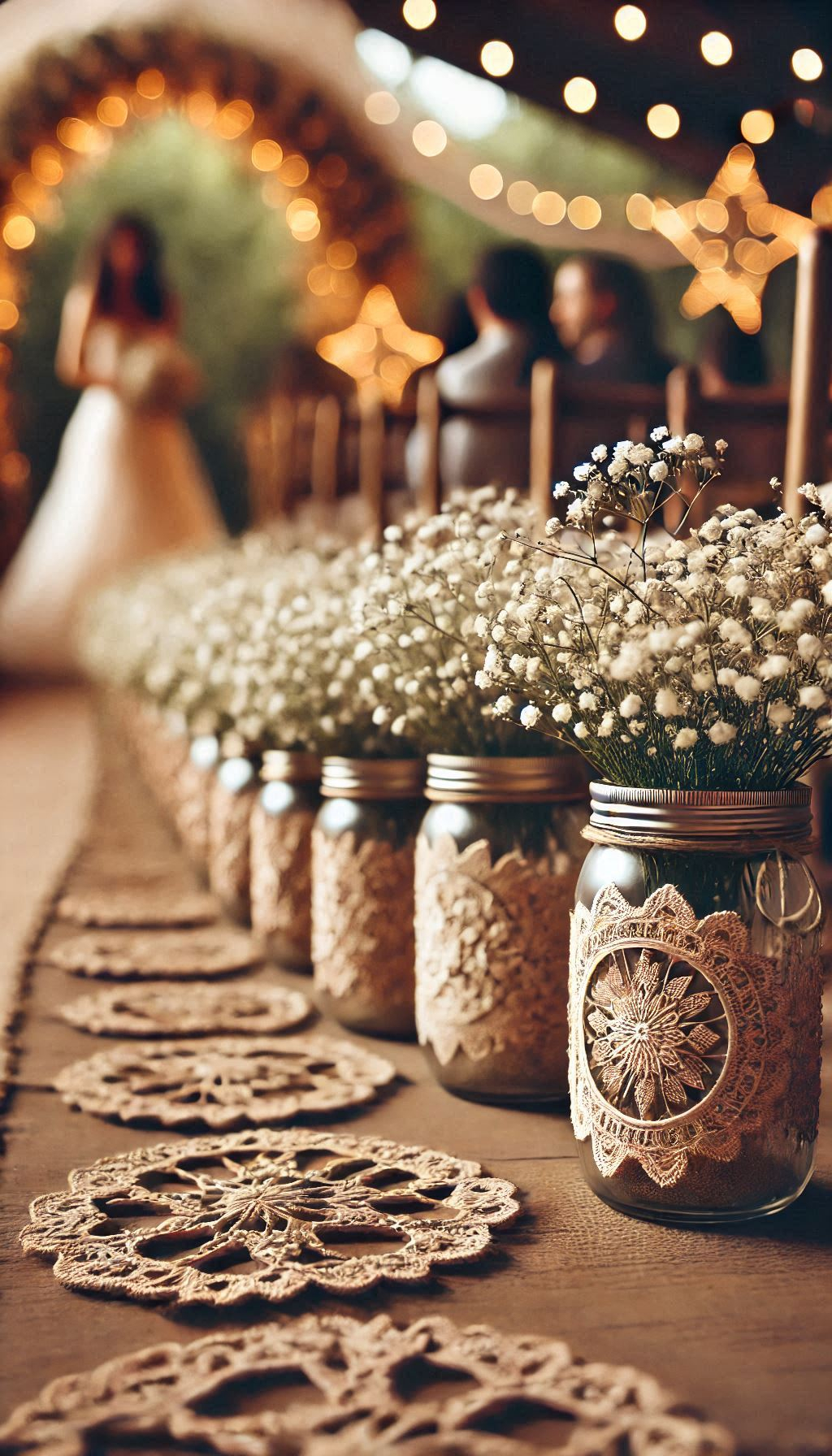 Mason jars and baby's breath create a picturesque aisle for your rustic wedding. Natural elegance that guests will adore.