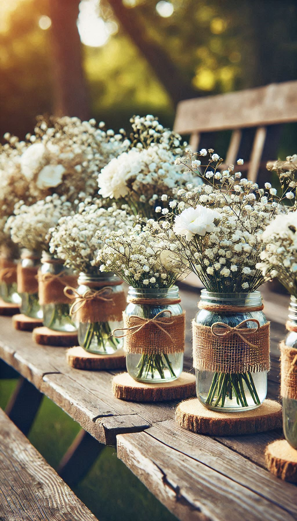 Create an enchanting aisle with mason jars filled with baby's breath. Perfect for adding rustic charm to your wedding decor!