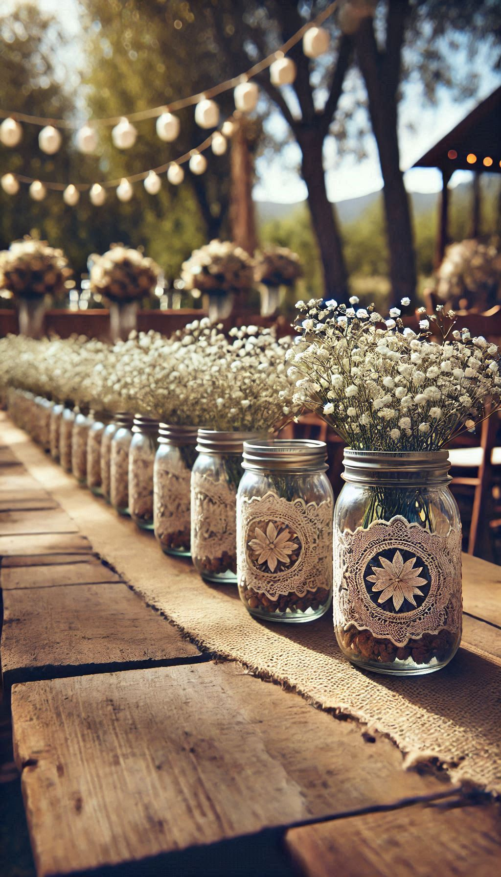 Walk to 'I do' with mason jars and baby's breath lining your aisle. A simple, rustic touch that’s pure wedding magic.