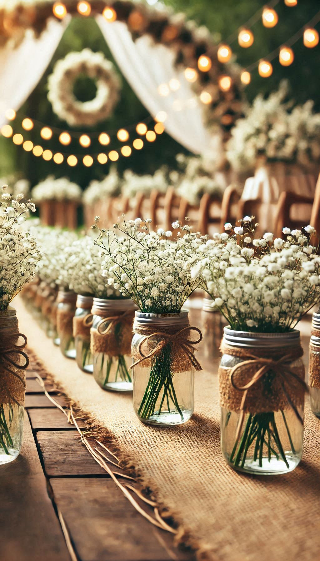 Create a dreamy aisle with mason jars filled with baby's breath. It's the perfect rustic touch for your walk to 'I do! Rustic Wedding Decor.