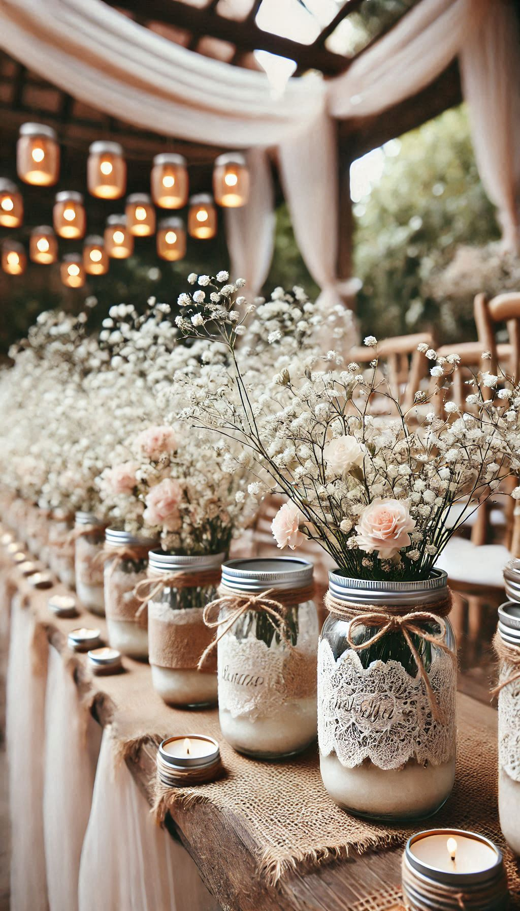 Mason jars and baby's breath: a match made in rustic heaven. Line your aisle with these for an effortlessly elegant look.
