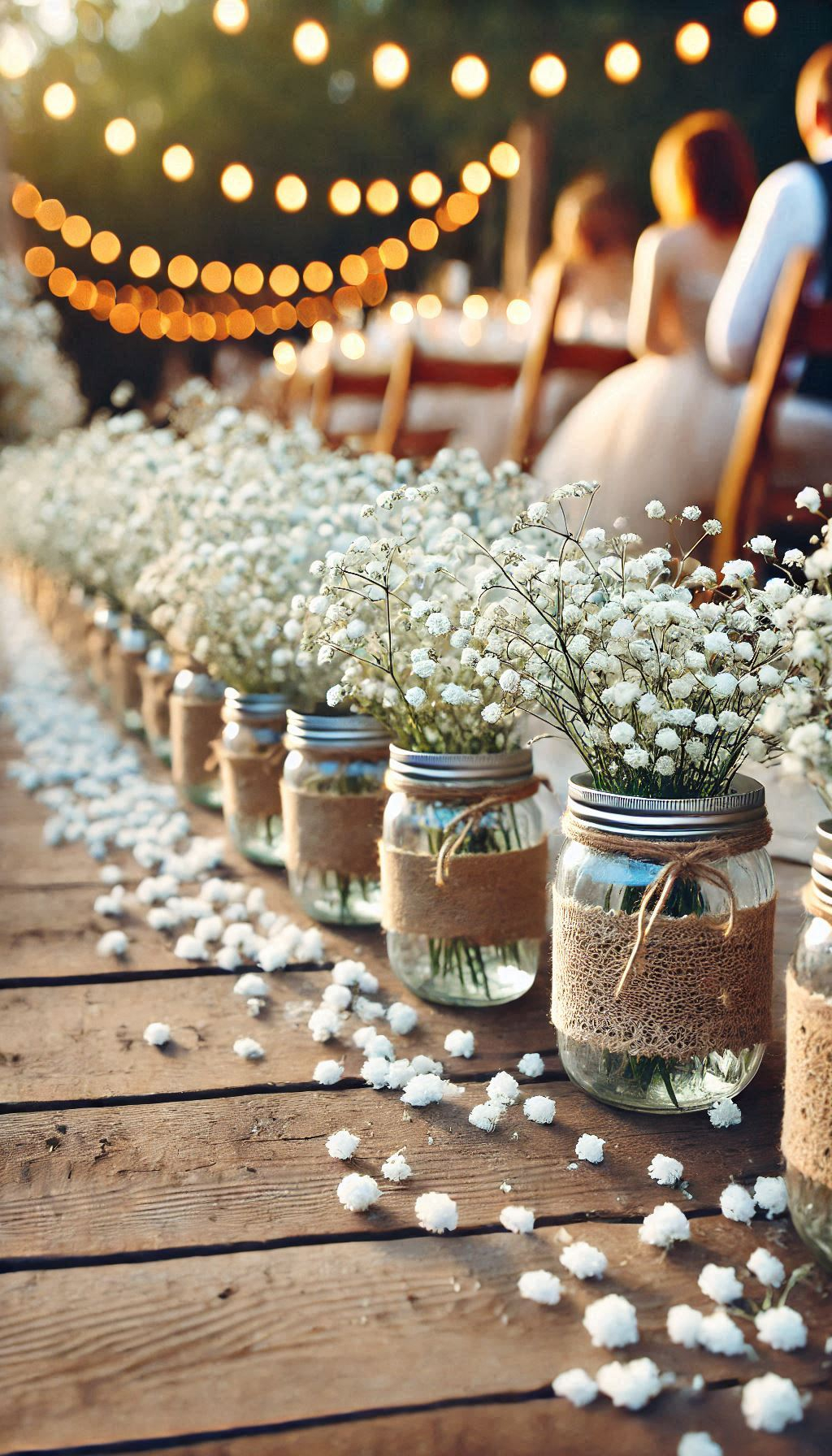 Walk down an aisle lined with mason jars and baby's breath. It's a rustic wedding decor idea that's simply enchanting!