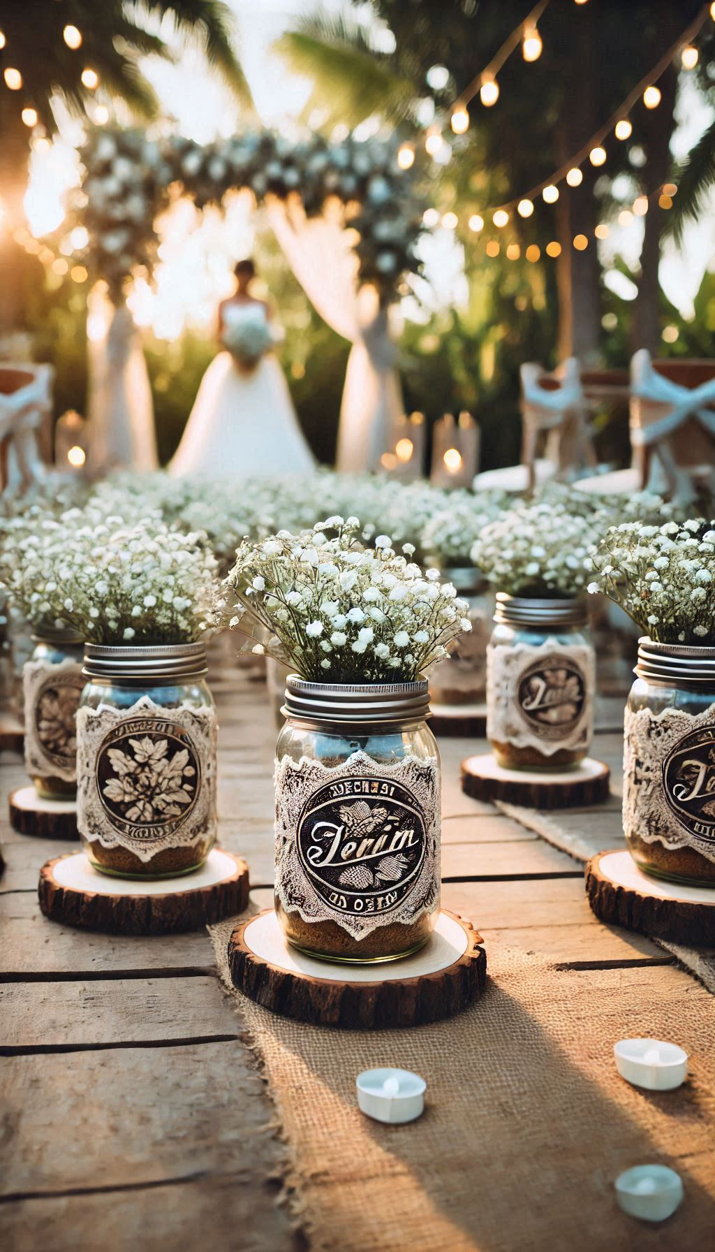 Transform your ceremony with mason jars of baby's breath lining the aisle. A rustic decor detail that's simply beautiful.