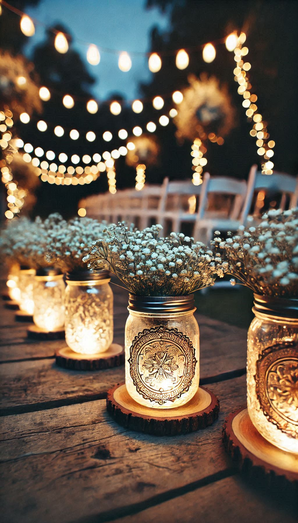 Walk down an aisle lined with mason jars and baby's breath. It's a rustic wedding decor idea that's simply enchanting!