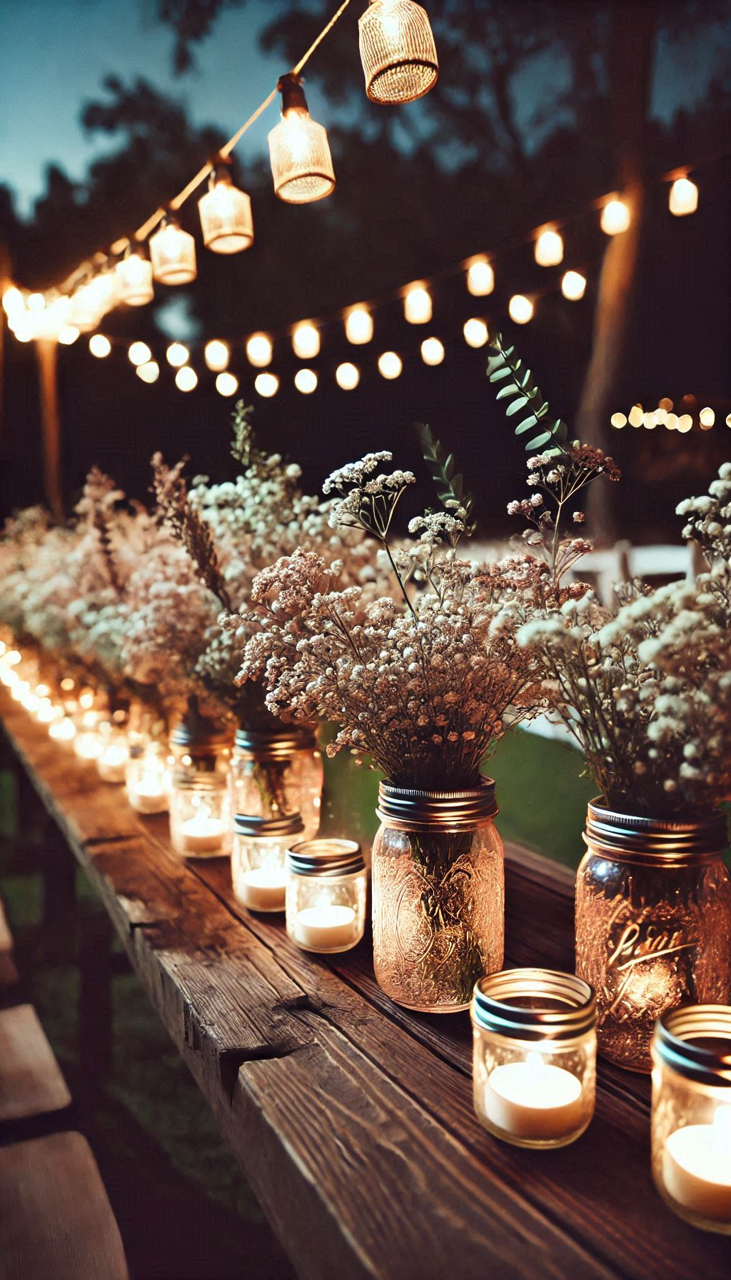 Transform your ceremony with mason jars of baby's breath lining the aisle. A rustic decor detail that's simply beautiful.