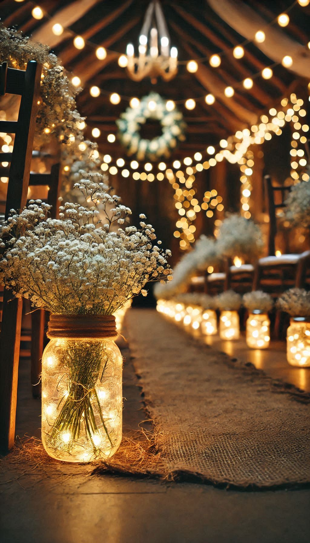 Mason jars with baby's breath are the perfect aisle decor for a rustic wedding. Natural beauty at its best!