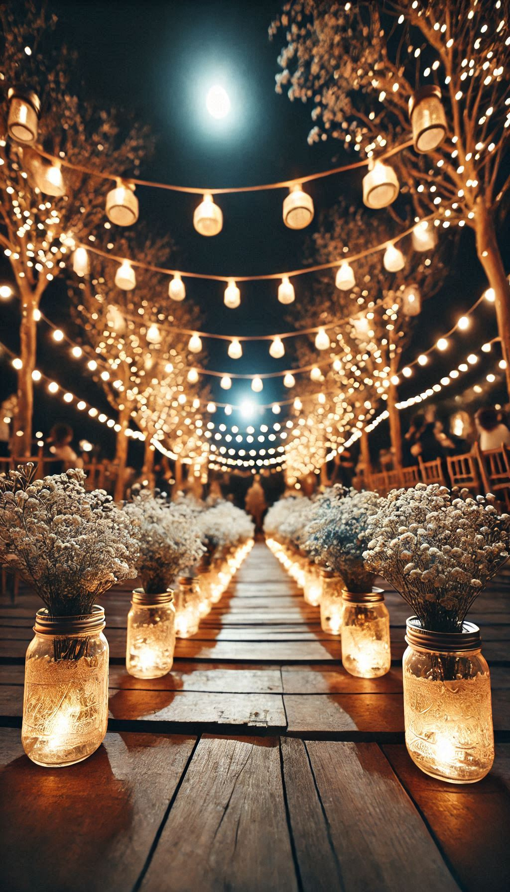 Add a touch of rustic elegance to your ceremony with mason jars filled with baby's breath. A charming way to say 'I do.