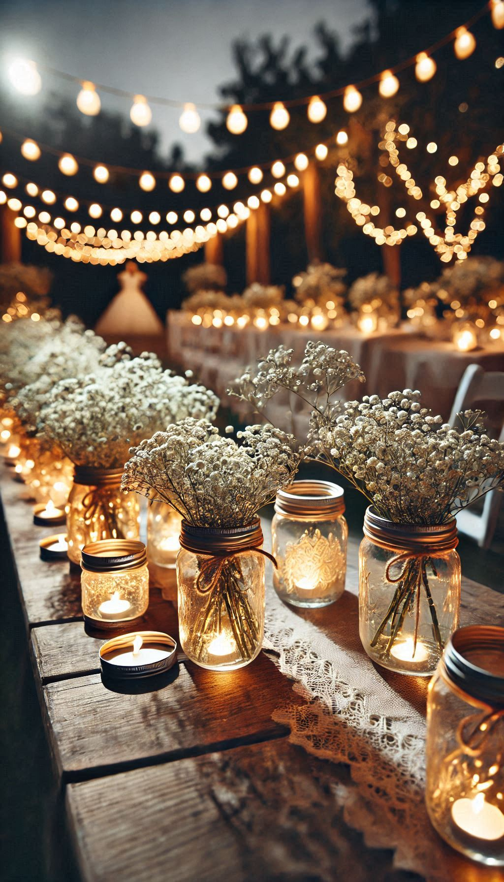 Line your aisle with mason jars filled with baby's breath. It's the perfect blend of rustic charm and delicate beauty!