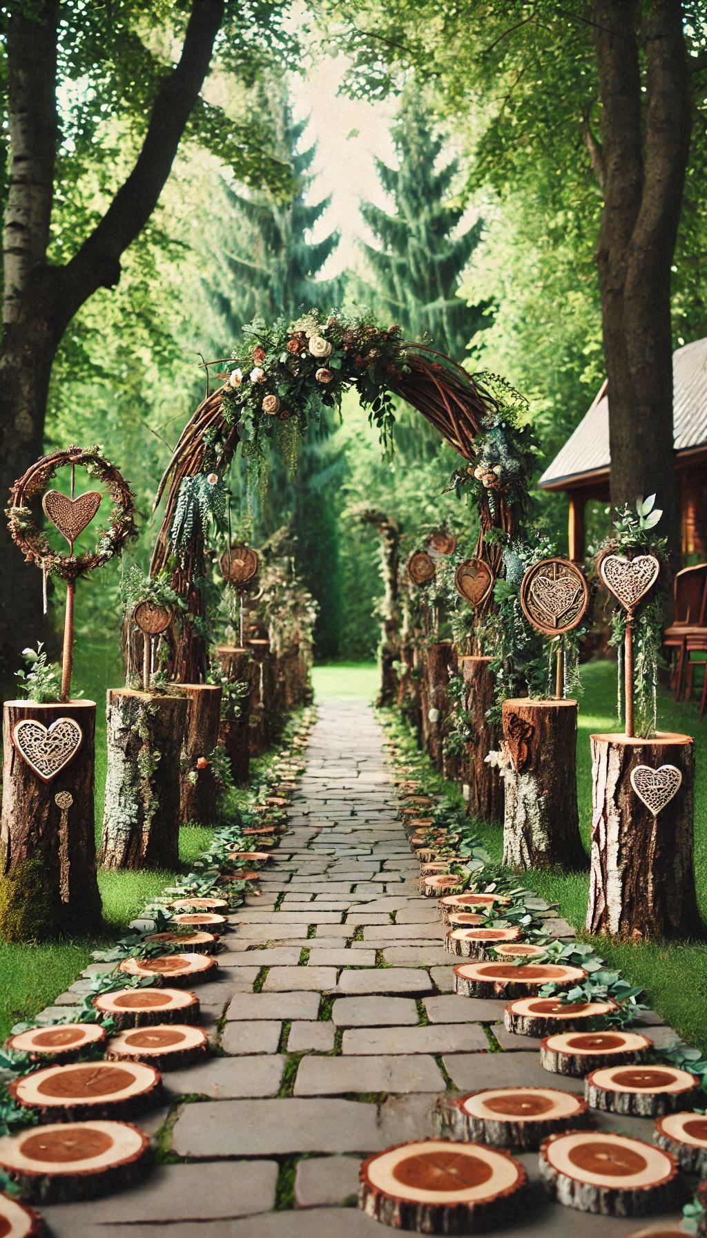 Mark your path to 'I do' with tree stumps as aisle markers. Rustic charm and natural beauty make your walk unforgettable!
