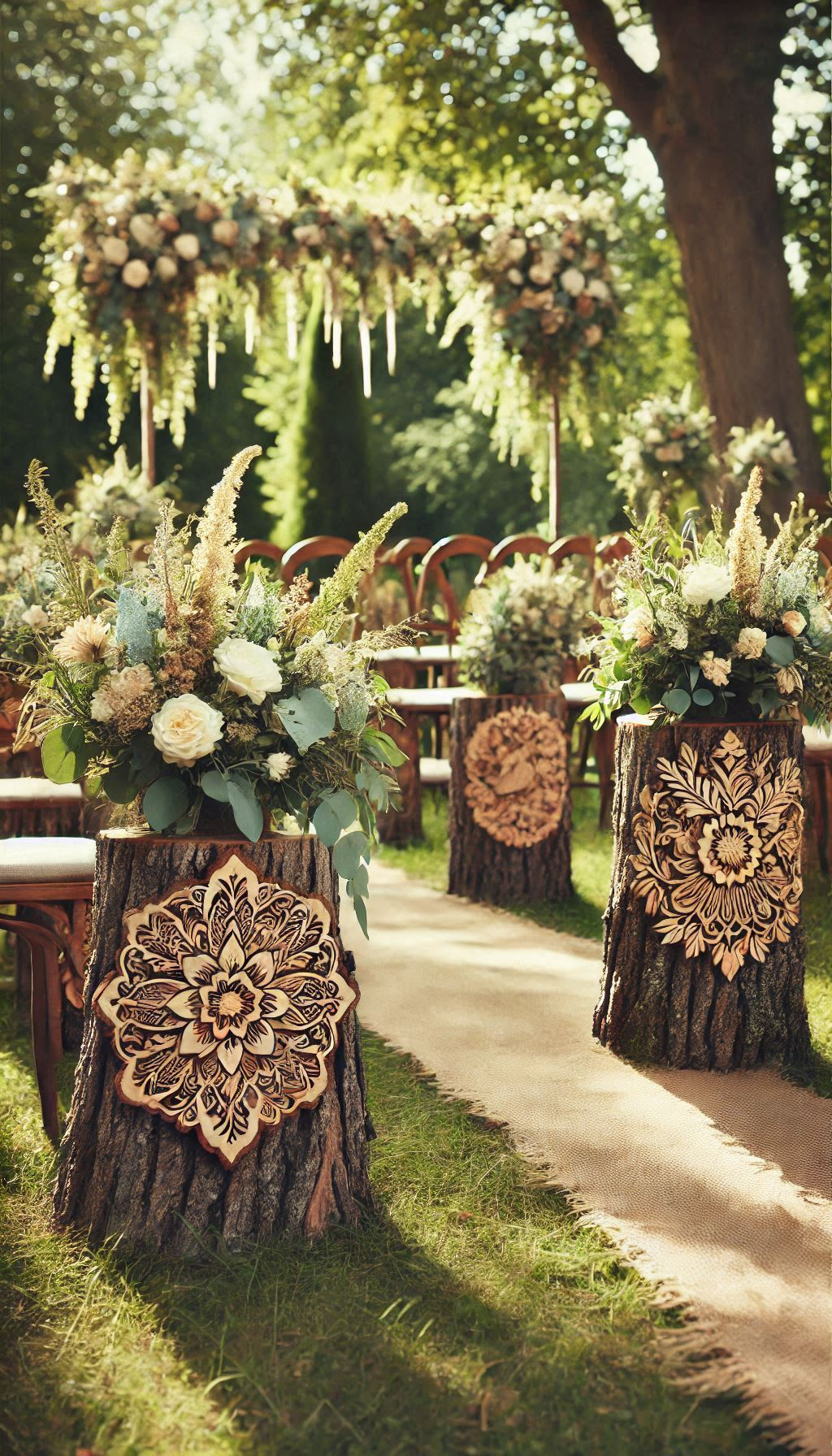 Create a rustic wonderland with tree stumps lining your aisle. Natural decor that’s simple, elegant, and beautiful!