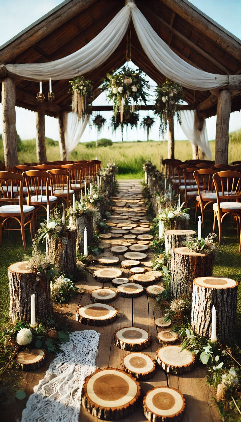 Add a hint of the wild to your wedding with tree stumps as aisle markers. Rustic charm that’s effortlessly stylish!