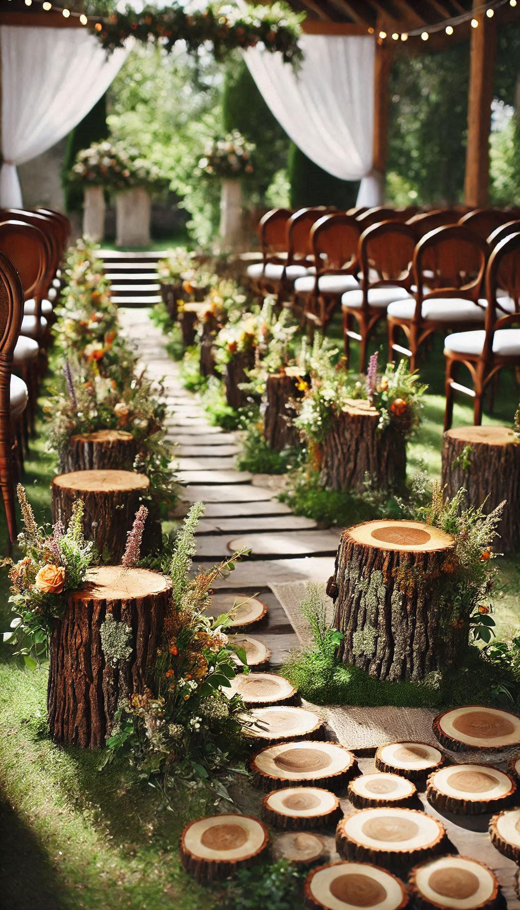 Tree stumps as aisle markers are perfect for a rustic wedding. Natural, charming, and oh-so-beautiful!
