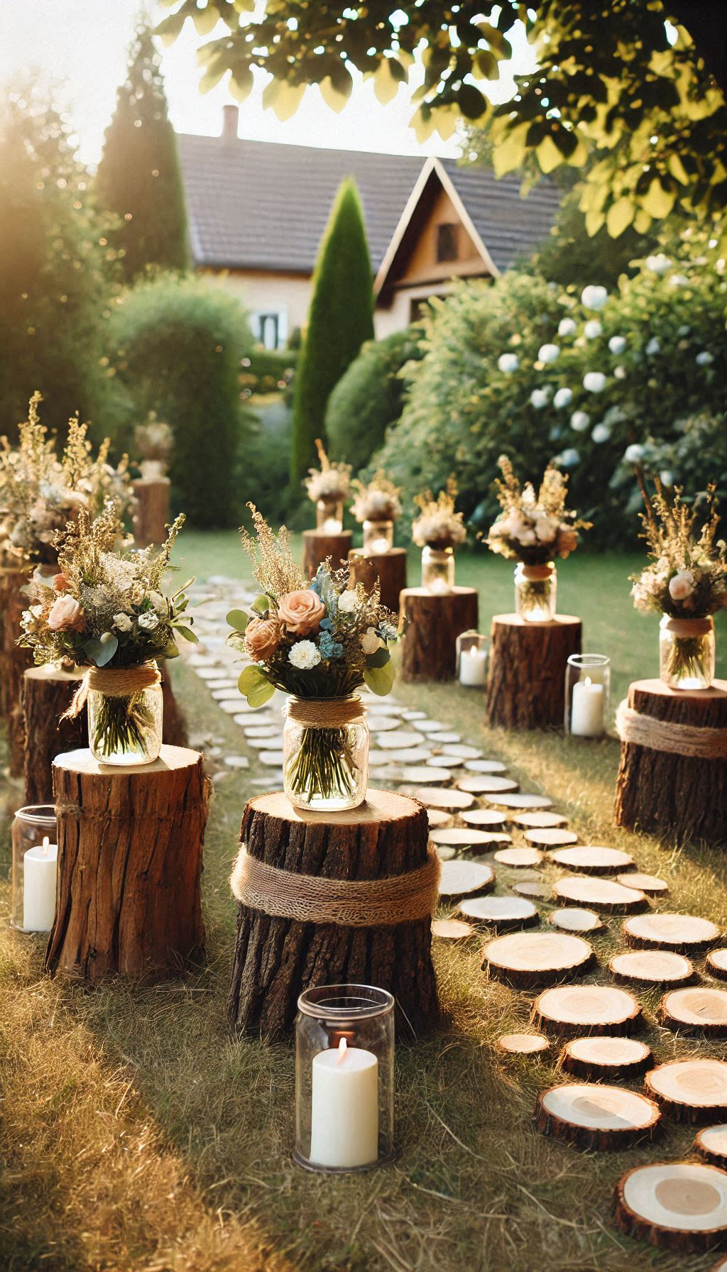 Tree stumps as aisle markers bring a touch of nature to your rustic wedding. Simple, elegant, and uniquely charming!