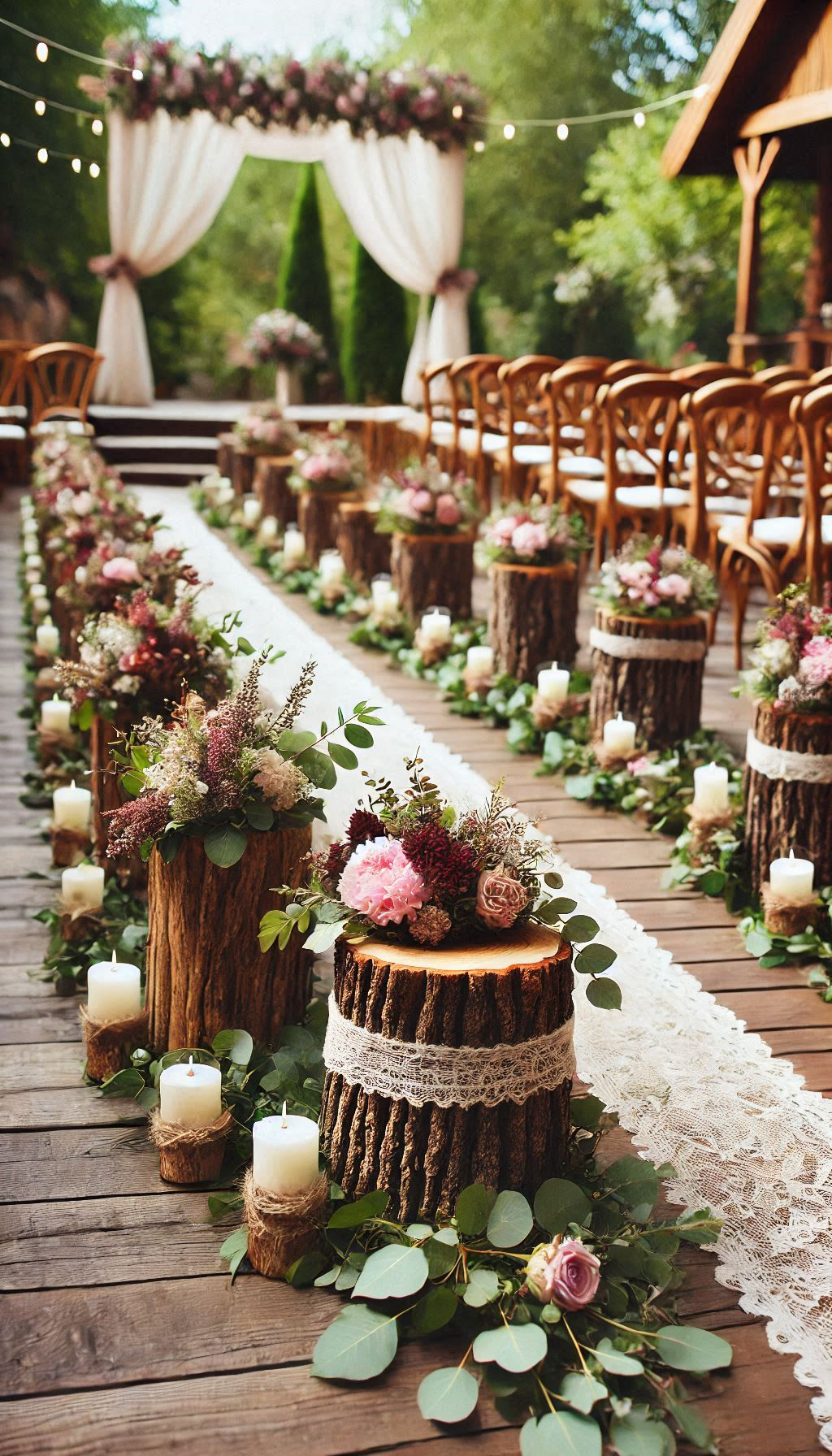 Add a rustic twist to your ceremony with tree stumps as aisle markers. Natural decor that’s as charming as it is eco-friendly!