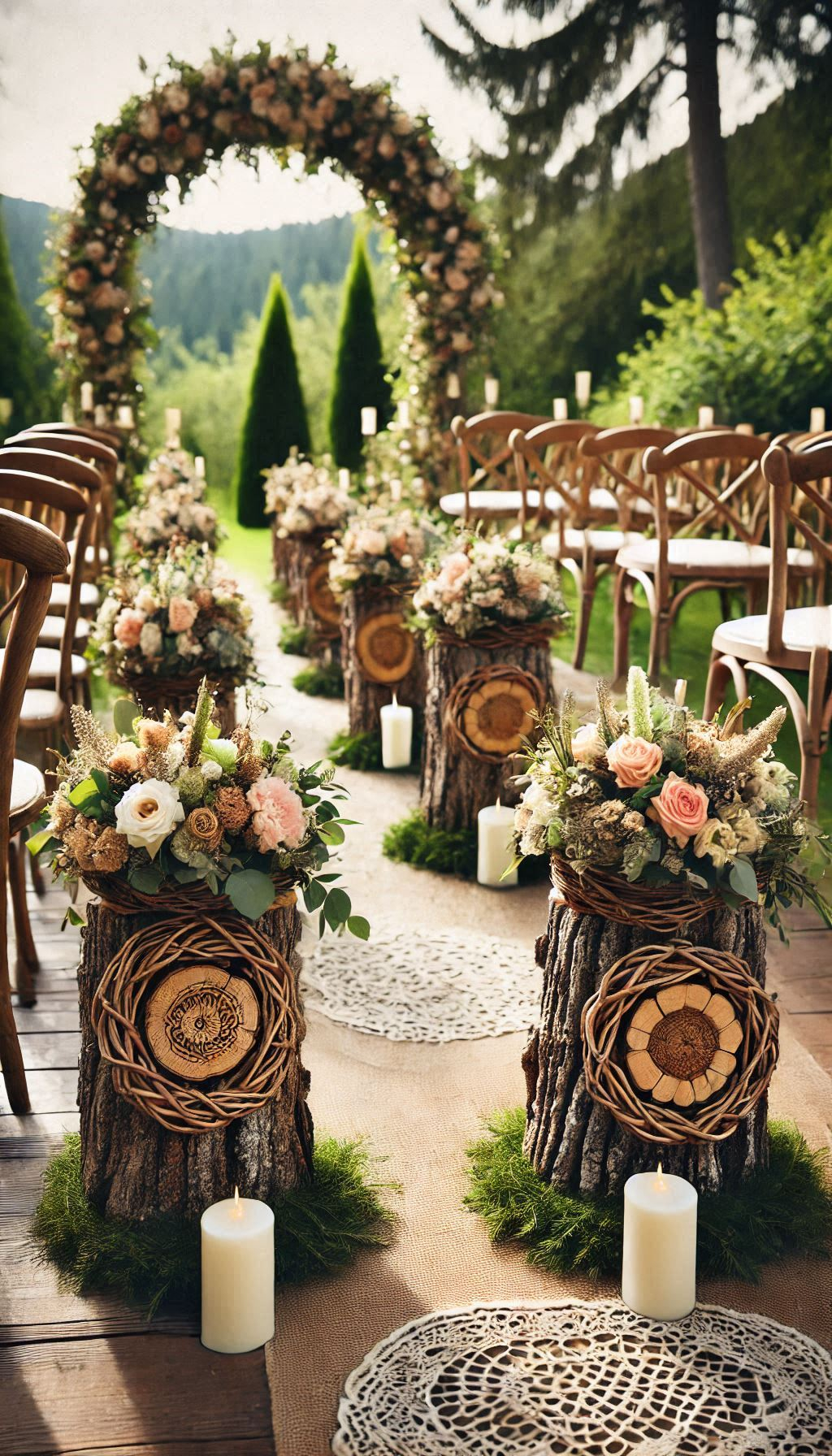 Tree stumps as aisle markers create a rustic, woodland vibe for your wedding. A charming way to celebrate in nature’s embrace.