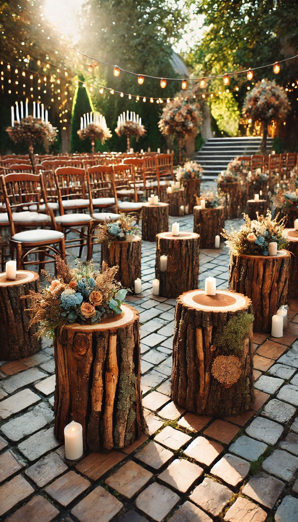 Line your aisle with tree stumps for a rustic wedding. Natural elegance and charm make it a walk to remember!
