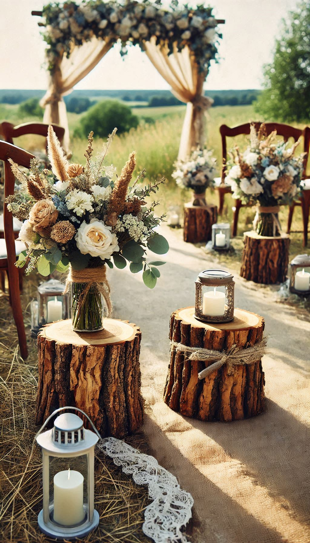 Make your walk to 'I do' extra special with tree stumps as aisle markers. Rustic decor that’s both charming and eco-friendly