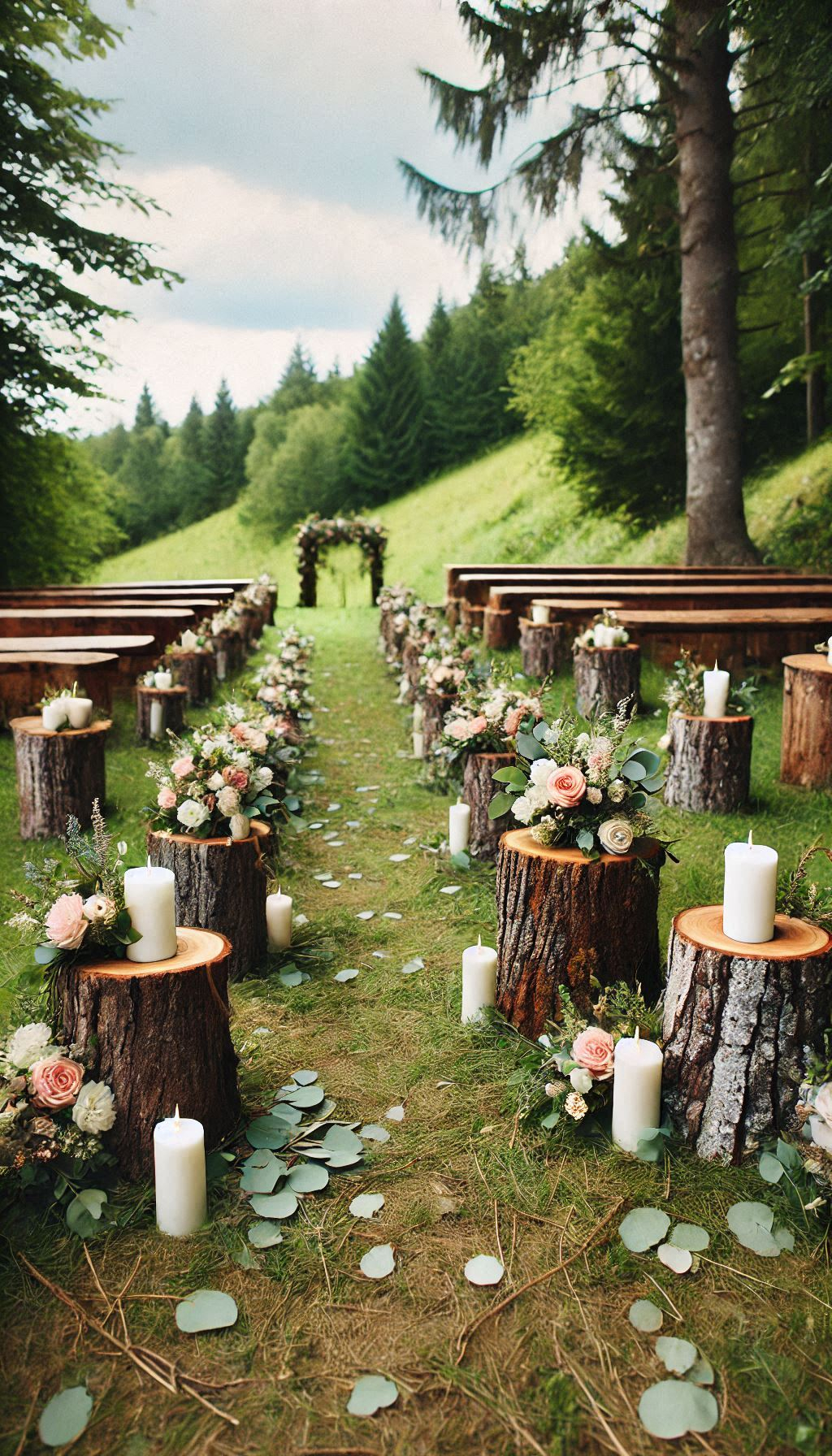 Tree stumps as aisle markers add a touch of rustic beauty to your wedding. Natural elegance that’s sure to impress!