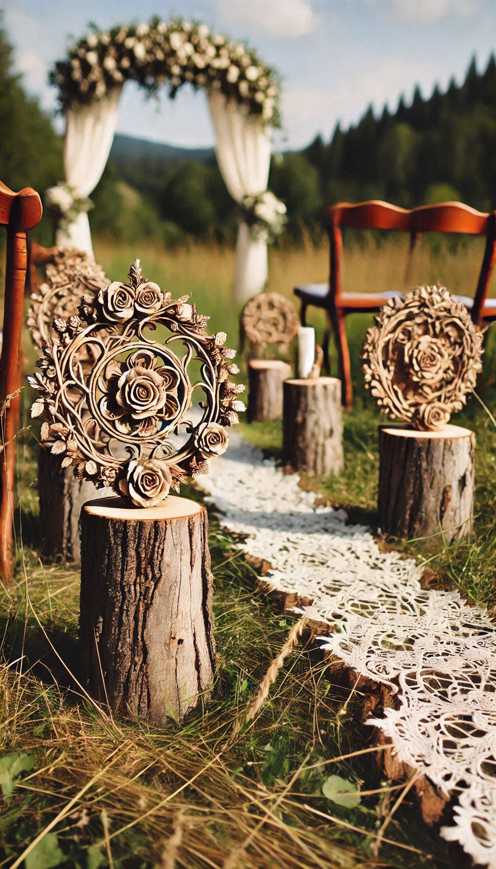 Elevate your rustic wedding decor with tree stumps as aisle markers. A charming and natural way to mark your path!