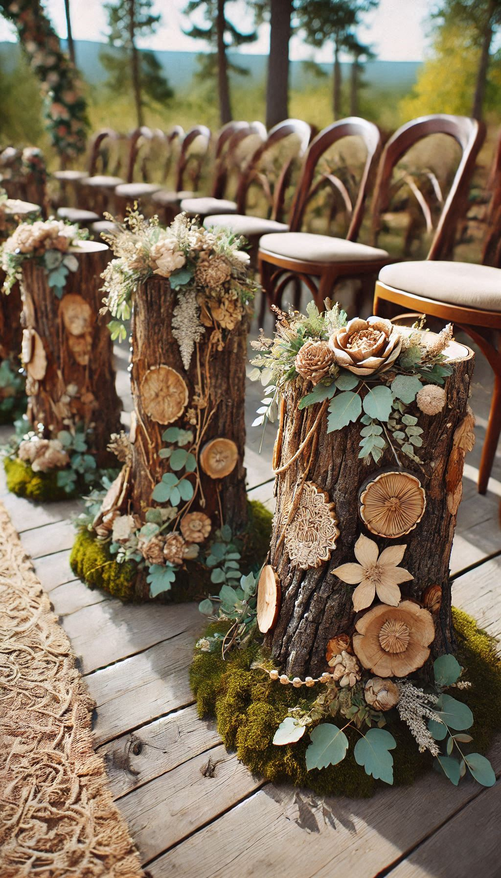 Tree stumps as aisle markers bring a touch of the great outdoors to your wedding. Rustic charm at its finest!
